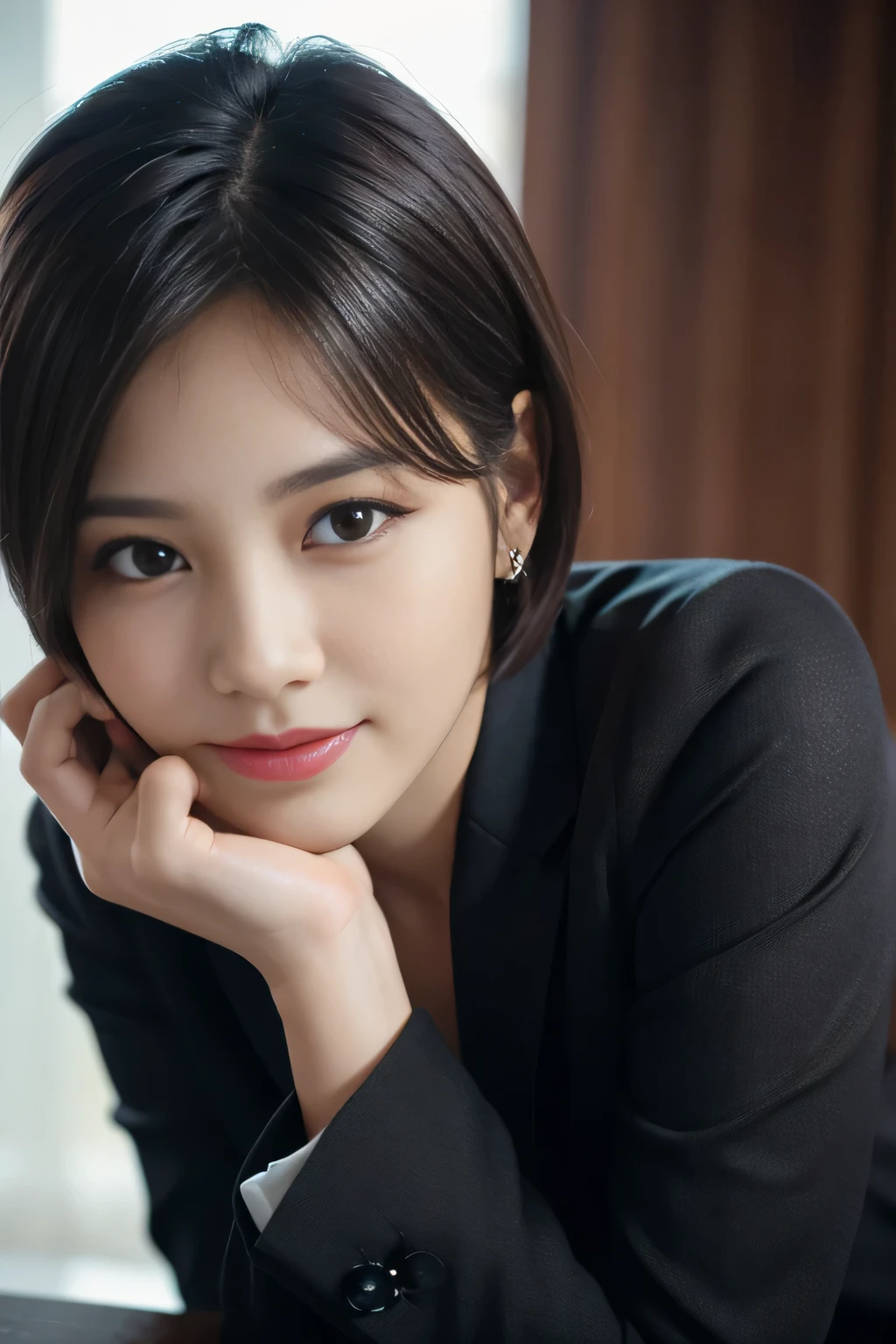 On a table,Best quality at best, realistically, ultra - detailed, Detailed pubic hair, A high resolution, solid color backdrop,8k wallpaper, 1 Beautiful woman,,Short hair details, Wear a dark suit, lock focus, Perfect dynamic composition, beautidful eyes, Delicate hair, 细致realistically的皮肤纹理, Smiling, closeup portrait, Model body type