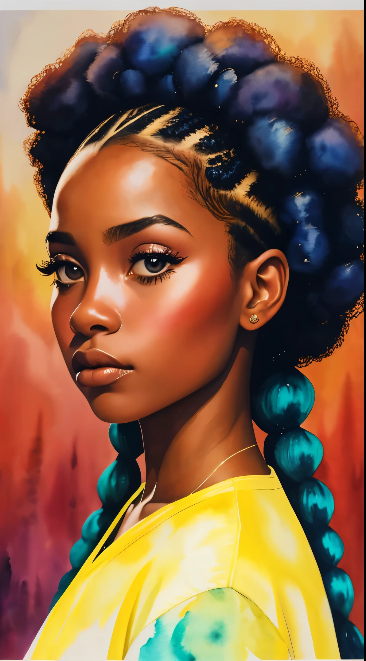 painting of a woman with a curly hair in her hair, inspired by Chinwe Chukwuogo-Roy, pretty black girl, african american girl, black teenage girl, watercolor portrait, trending on artstration, frowning, apathetic, shiny curly braids, highly detailed, 8k, uhd