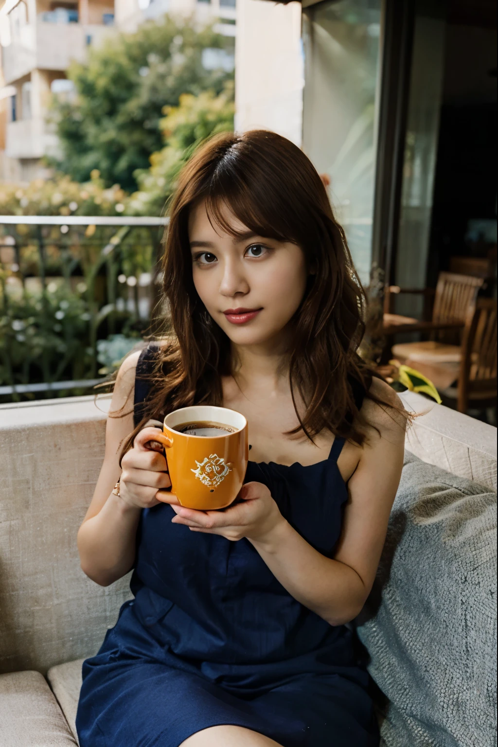 Casual half-body portrait of the short dress brunette orange hair big breasts woman With a cup of coffee in hand, this woman immerses herself in the peaceful ambiance of the balcony's blue couch. Shot on kodak gold 400.