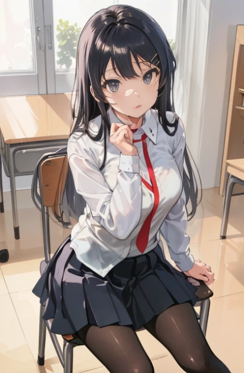 (masutepiece,Best Quality, Detailed), 1girl in, Solo Focus, day, real  face，sakurajima mai, garments(Y shirt，Black skirt，Black tights，lowfers，eye glass，)Sitting on a chair，Study at your desk