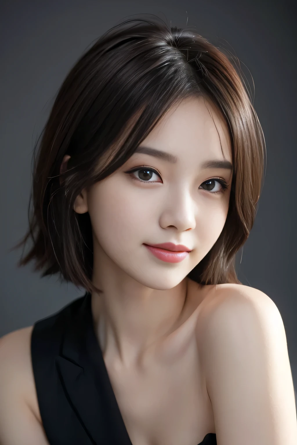 On a table,Best quality at best, realistically, ultra - detailed, Detailed pubic hair, A high resolution, solid color backdrop,8k wallpaper, 1 Beautiful woman,,Short hair details, Wear a dark suit, lock focus, Perfect dynamic composition, beautidful eyes, Delicate hair, 细致realistically的皮肤纹理, Smiling, closeup portrait, Model body type