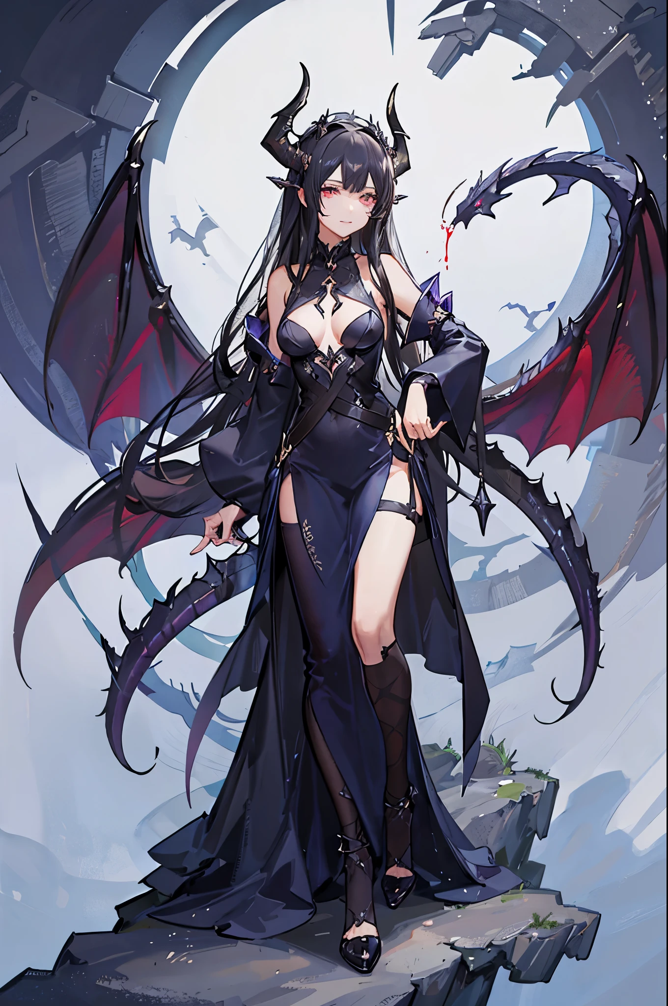 Picture of Selen Orknaido, Appearance: young dragon girl black hair with amber color eyes, in her 21 possesses a slim and petite build with small breast, she have dragon-like scales, face: show the evil and wicked, the twisted grin on her lips revealing a thirst for blood. Her slender frame, paired with black hair, dragon wings, and a tail, gives her a delicate yet captivating appearance. Cloaked in the "Viper Silk Veil" a gentle glow, also she wears the "Infernal Sable Shroud." This dark, flexible garment cover her body, and in some places, dragon scales like her arm. background: Forest. face: show the evil and wicked, the twisted grin on her lips revealing a thirst for blood