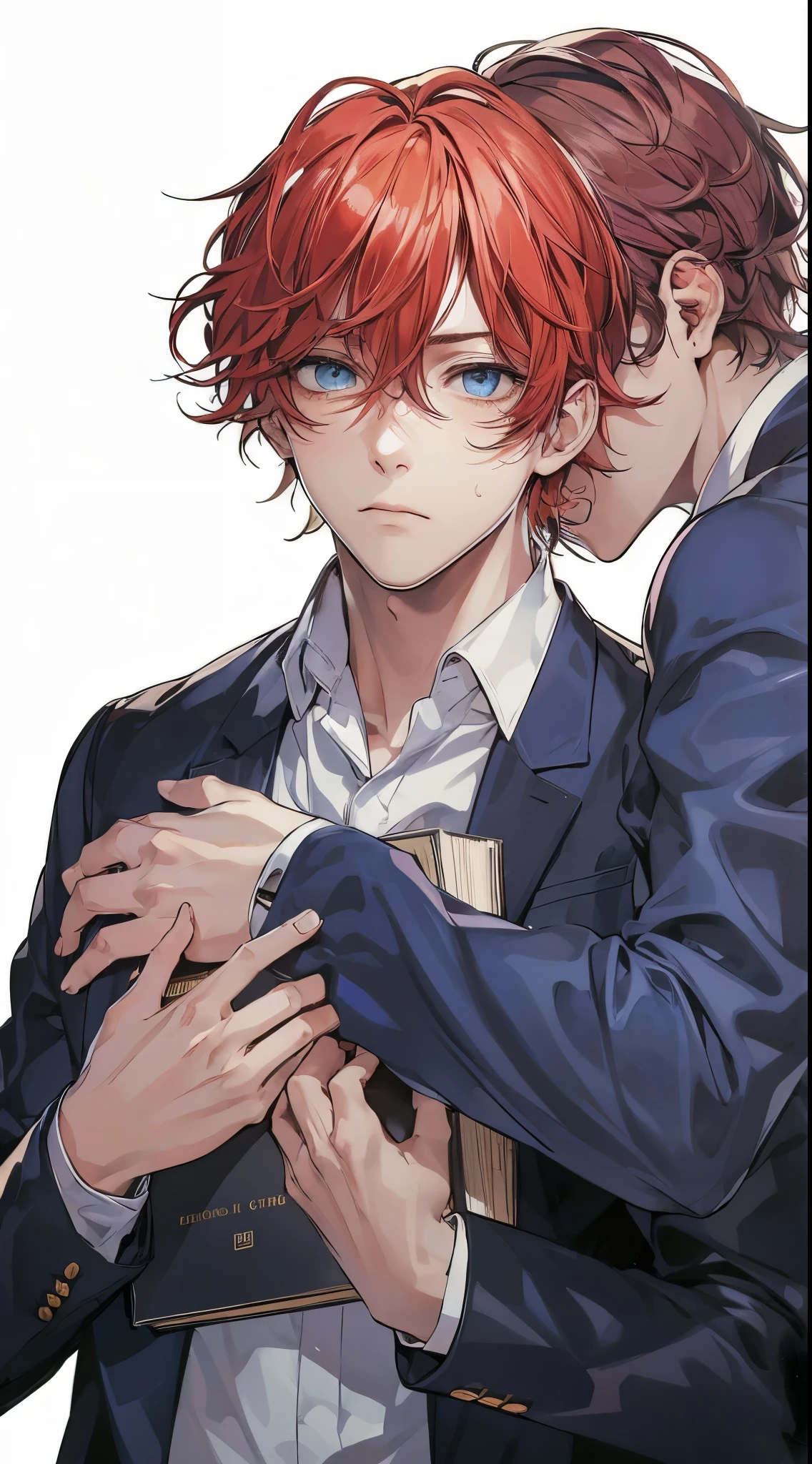 handsome young man with red hair and blue eyes, wearing a white shirt and a navy blue blazer, which resembles a school uniform. He is holding a book to his chest with a distressed expression on his face. Another person, of whom only the part from the shoulders down is depicted, is placing their hands on his shoulders from behind.high quality, amount of drawing, pixiv illustration