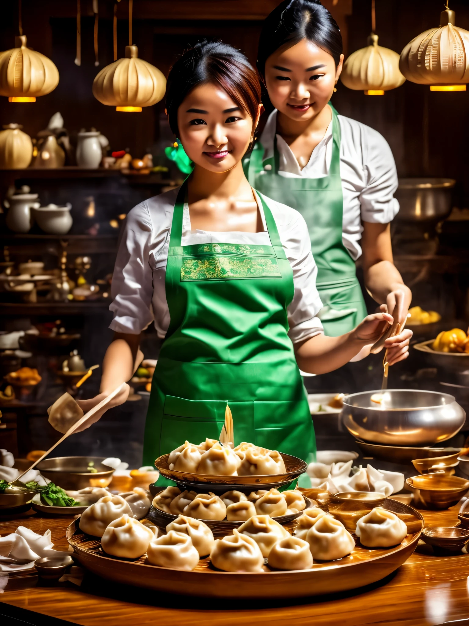 (best quality,highres:1.2),(realistic,photorealistic:1.37),HDR,studio lighting,ultra-detailed,
girl in kitchen,girl wearing apron,beautiful detailed eyes,beautiful detailed lips,
cooking scene,family gathering,delicious aroma,flour on the countertop,kitchen utensils,
bowl with dumpling dough,rolling pin,dumpling wrapper,steamer,steaming hot dumplings,
fresh ingredients,ground pork,mushrooms,cabbage,green onions,
traditional Chinese dumplings,Chinese cuisine,authentic taste,
vivid colors,warm tones,soft lighting,
happy atmosphere,joyful expressions,
mouth-watering,appetizing,crispy dumpling skin,
traditional decoration,Chinese lanterns,paper cutting,
anticipation,hunger,good fortune.