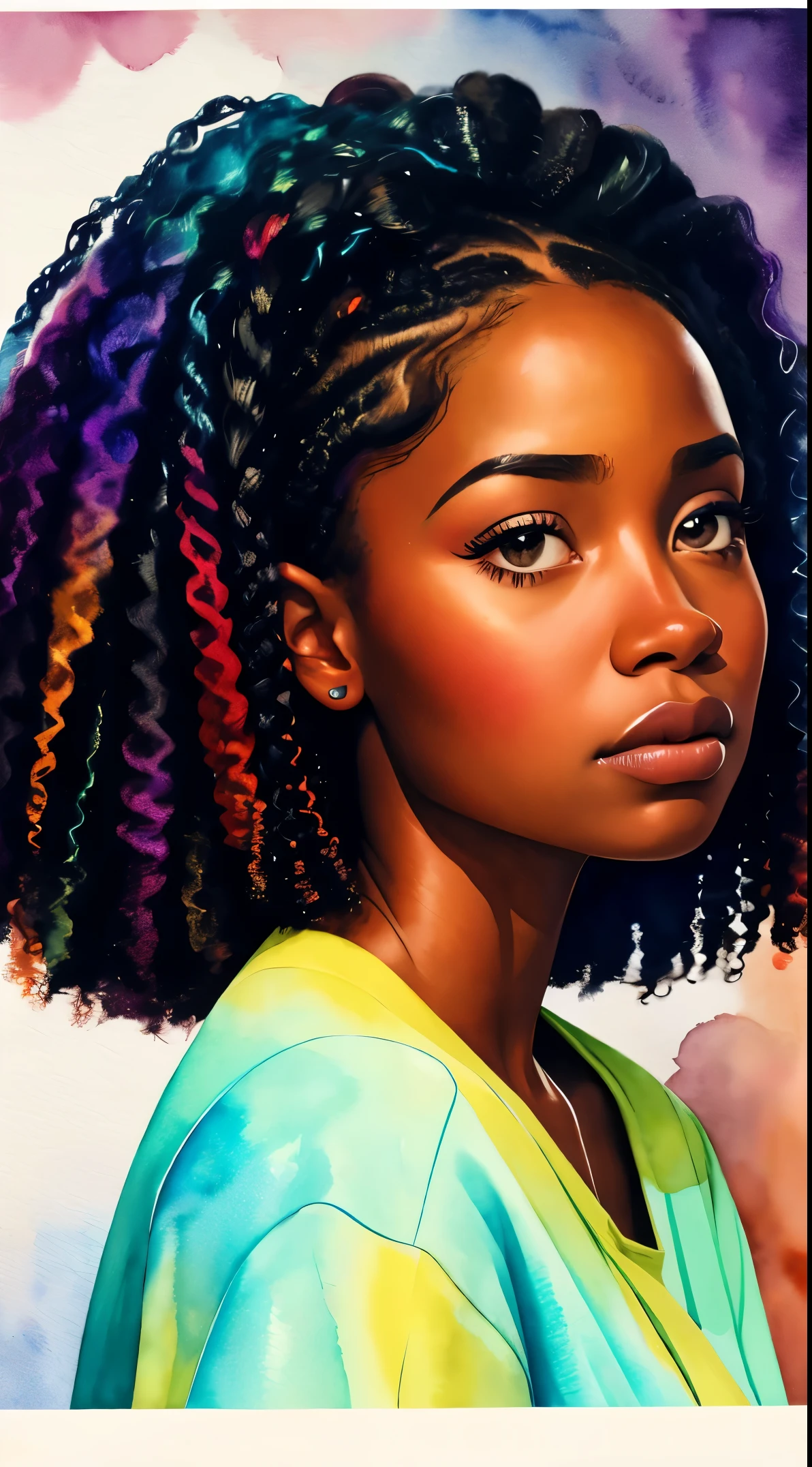 painting of a woman with a curly hair in her hair, inspired by Chinwe Chukwuogo-Roy, pretty black girl, african american girl, black age girl, watercolor portrait, trending on artstration, frowning, apathetic, shiny curly braids, highly detailed, 8k, uhd