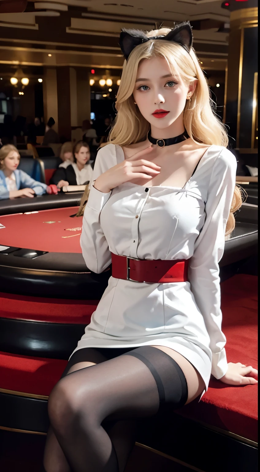 1 European and American vampire beauties:imperial sister,Overwhelming side leakage,fascinating,beauty model,,dried up,The skin is white and smooth,Curly hair,combed blonde hair,I have thin legs,wear black stockings on your legs,piercing white shirt(short to the waist),Exposing her belly,Black hip skirt,light it up,seduce,melon seed face,blue eyes,red lip,raised to be sexy,biggest,Wear a black collar.,Dealing cards at a casino table,race