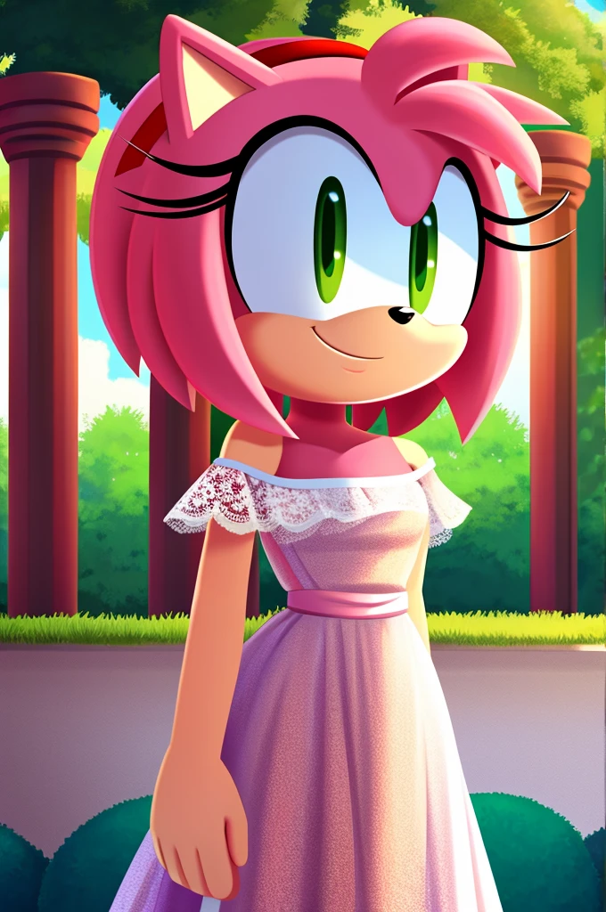 Amy Rose, Bare Shoulders, Strapless White Dress, White Lace Off-shoulder top, White Ruffle Off-the-Shoulder Top, White Maxi Dress, Bangs, Smile, Standing Up, Hands Down, Garden Background, Columns, close-up, daylight, 2D flat, 2D illustration, cartoon style.