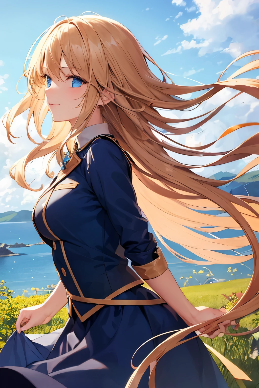 ((best quality)), ((masterpiece)), (detailed), perfect face, 1girl, blonde hair, extremely long hair blown by the wind, blue uniform, blue skirt, blue eyes, hill, low angle, looking into the distance happy