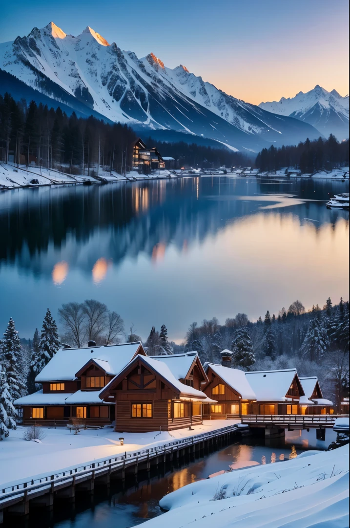 bru, lake, snow mountains,twilight，Cloud,(Bright wooden houses)，8k， (tmasterpiece),((ultra - detailed)), (Highly detailed CG illustration),(The least expressive quality:1.2), High quality texture, Complicated details, Detailed texture, Highqualityshadow, 电影灯光, depth of fields, light source contrast, opinion,