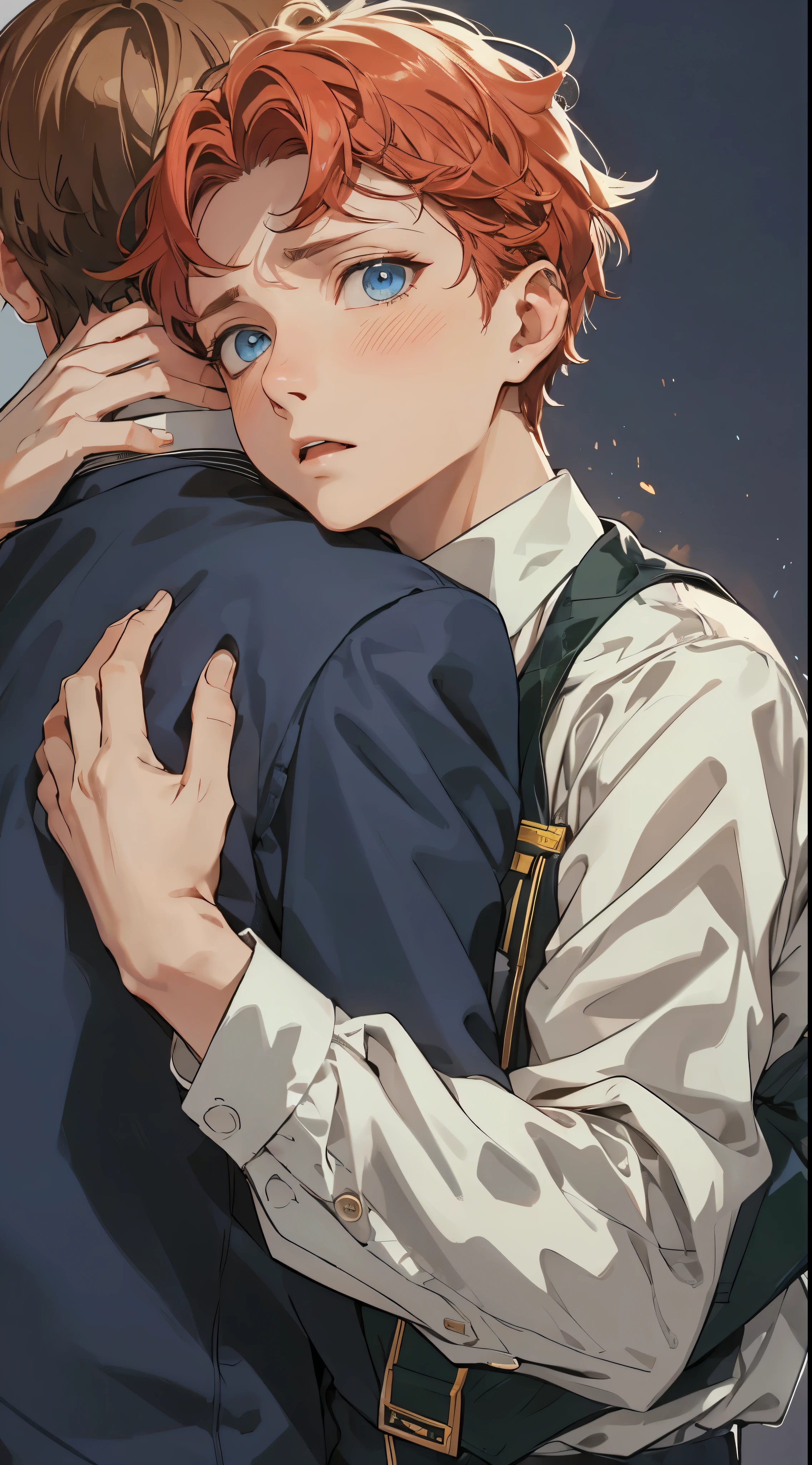 Handsome young man with red hair and blue eyes, He is wearing a white shirt and a navy blazer, Similar to school uniform. he holds a book to his chest、has a distressed look on his face. The Other, Only from the shoulders down is depicted, hands on shoulders from behind.High quality, amount of drawing, pixiv illustration
