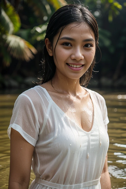 An Indonesian woman with a typical Javanese face, 35 years old, bathing in the river wearing a white kebaya, wet hair, wet face, wet clothes, water effect, water splash effect, thin happy smiling face,Realistic image, auto focus, smooth lighting, masterpiece