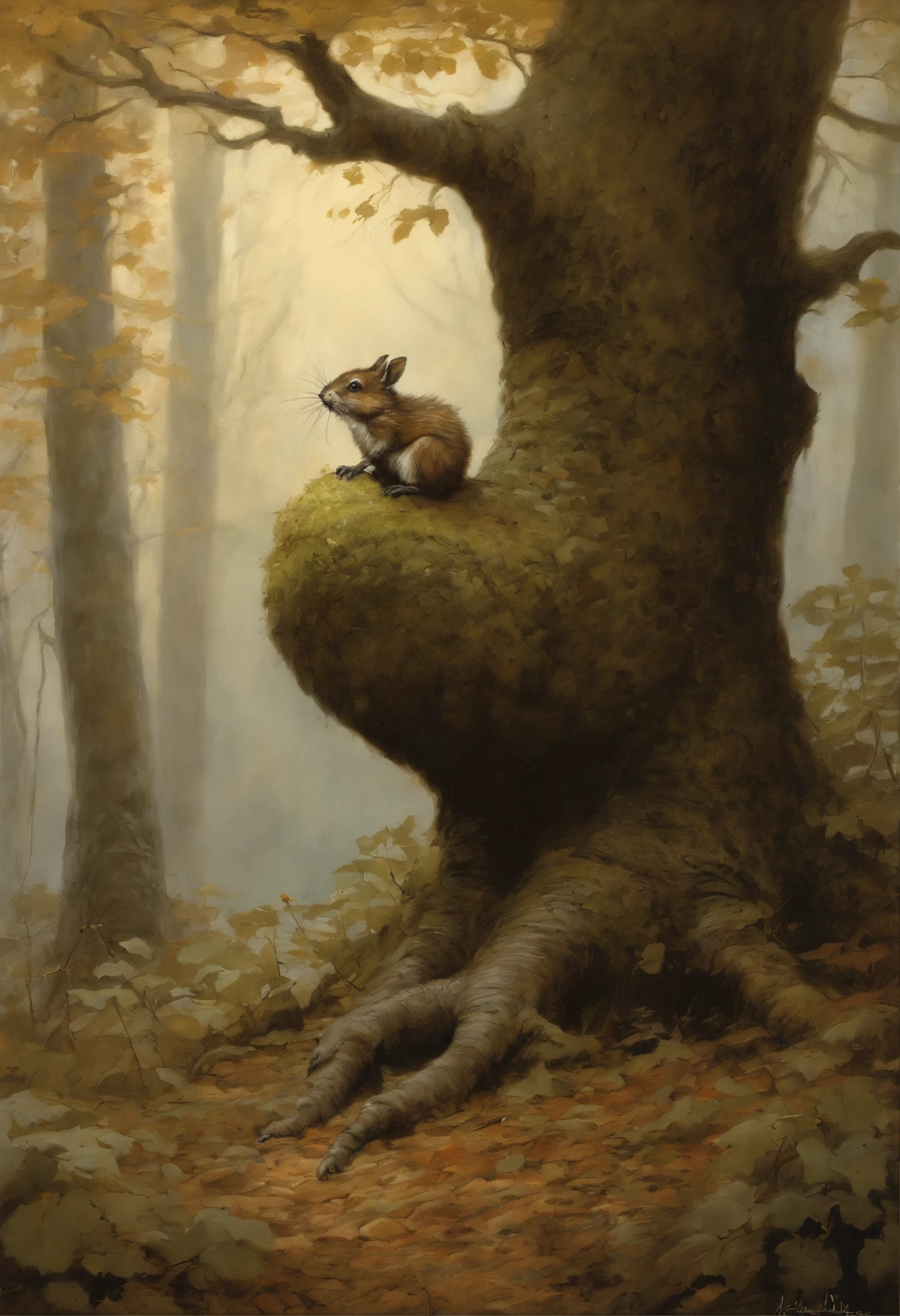 真实感, Painting by Jean-Baptiste Monge depicting 真实感, dark fantasy style, John Tolkien style, Small painting by Jean-Baptiste Monge, Portrait of an acorn falling from an oak tree into a clearing, Jean Baptiste monge, jean - baptiste monge, Brian Despin Jean-Baptiste Monge, anthropomorphic --ar 2:3 --testp -optimistic; jean - baptiste monge, anthropomorphic --ar 2:3 --testp -optimistic;