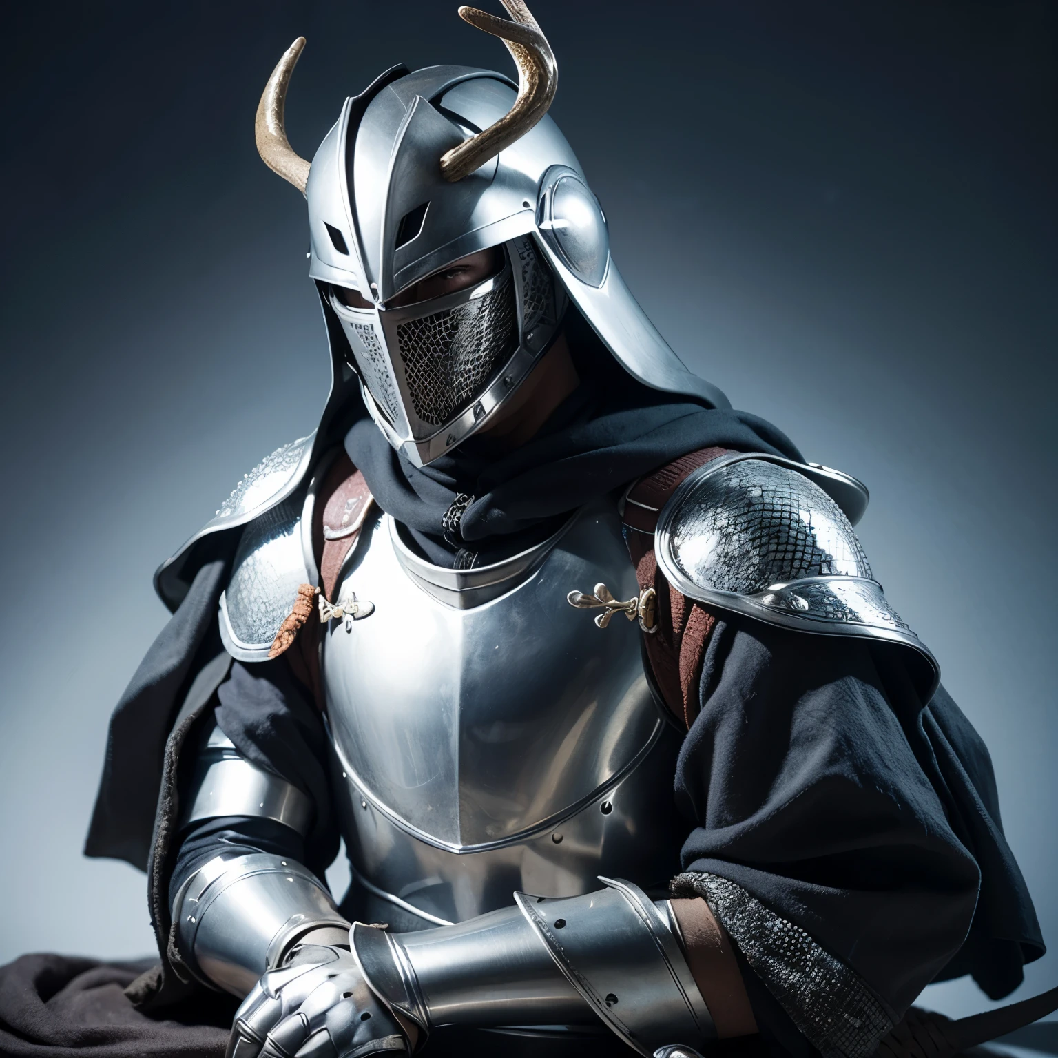 A knight,Covered helmets,silver armor,Four hands,Deer hooves,Snake tail