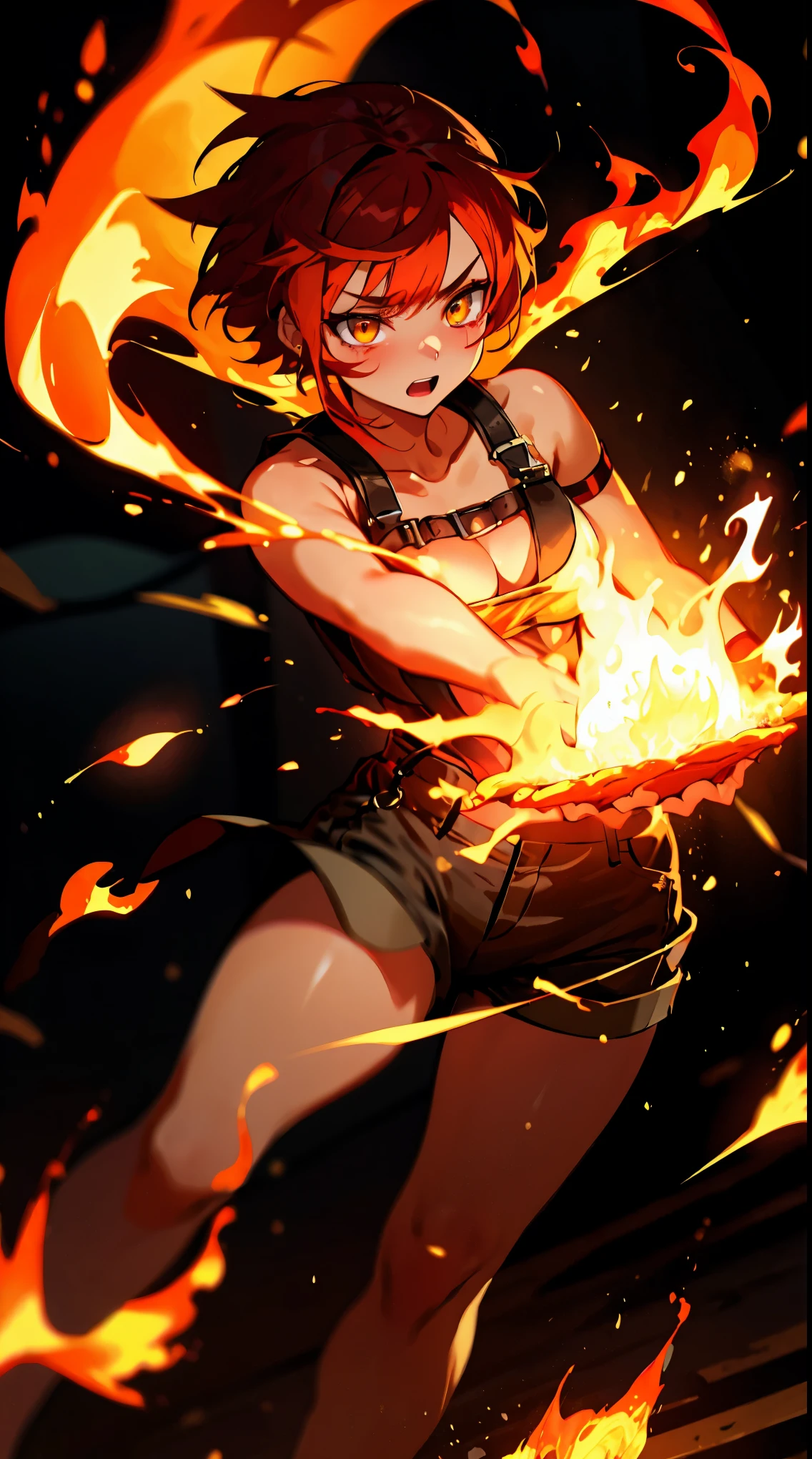 ((masterpiece)), best quality, 8k, high quality, high resolution, super detailed, ultra detailed, photorealistic, fiery and finely detailed face and eyes, ultra detailed and detailed skin texture, fiery eyes, perfect face, 1 girl, blazing red short hair, (fiery attire), flaming yellow eyes, athletic, muscular, Medium breasts, white shirt, collared shirt, (chest harness, shoulder strap:1.15) , (infernal aura), standing before a roaring bonfire, passionate expression, twilight, fiery landscape, crackling flames, intense atmosphere, (crackling embers), (dancing flames), since primordial times, Ignia, fiery eyes, background of blazing inferno.