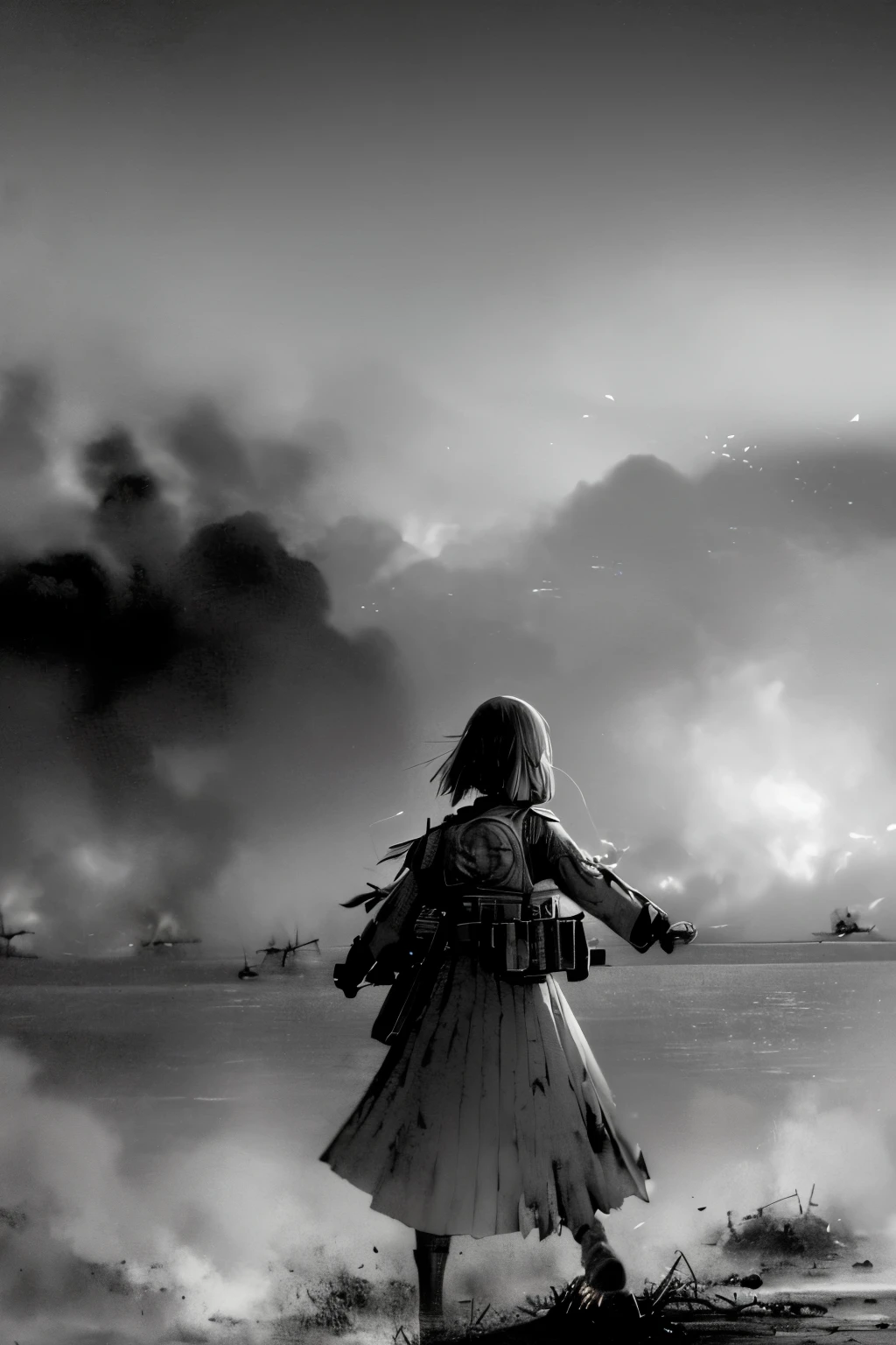 (realistic battlefield, war-torn Pacific island, high resolution),
Ayaka (Genshin Impact) charges into the tumultuous battlefield on a Pacific island during World War II, clad in a historically accurate Japanese military uniform and wielding a katana. The background mirrors the gritty and chaotic atmosphere reminiscent of the Pacific theater, drawing inspiration from the intense visuals seen in Battlefield 5.
The landscape is scarred by war — palm trees sway amidst the smoke, remnants of structures hint at the island's previous serenity, and explosions punctuate the air. The scene captures the relentless ferocity of conflict and the challenges faced by those who fought in the Pacific theater during World War II.
This composition aims to immerse Ayaka in the brutal realism of the battlefield, offering a powerful visual narrative that pays homage to the historical context while infusing elements from the intense atmosphere of Battlefield 5.