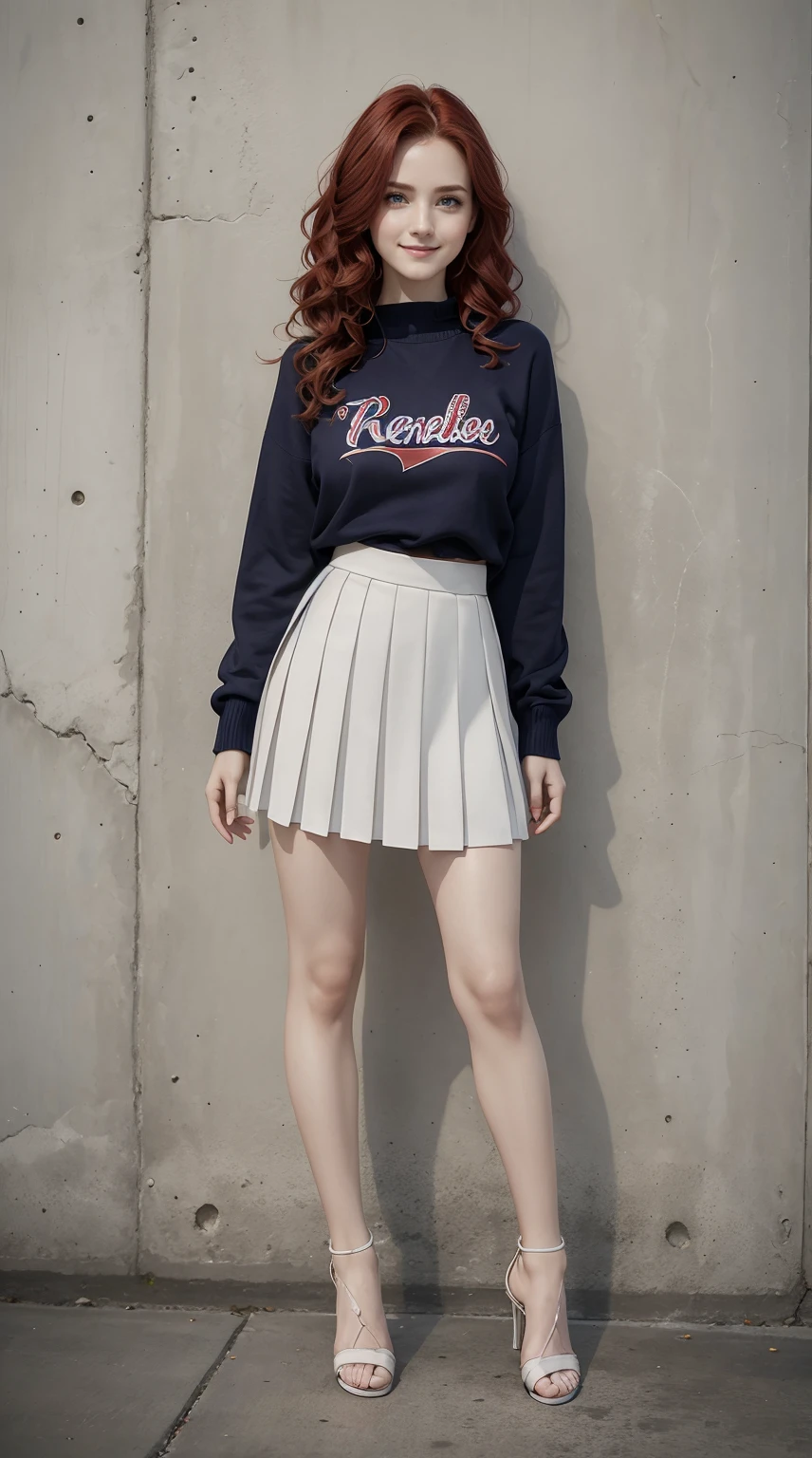 26 year old white woman、Hair color is reddish、Hair is wavy、Eye color is blue、Longhaire、A slender、a smile、Wearing a stadium jumper、wearing a pleated skirt、I'm wearing stampin heels、standing against an old concrete wall、a smile、Head-on perspective、Breast size