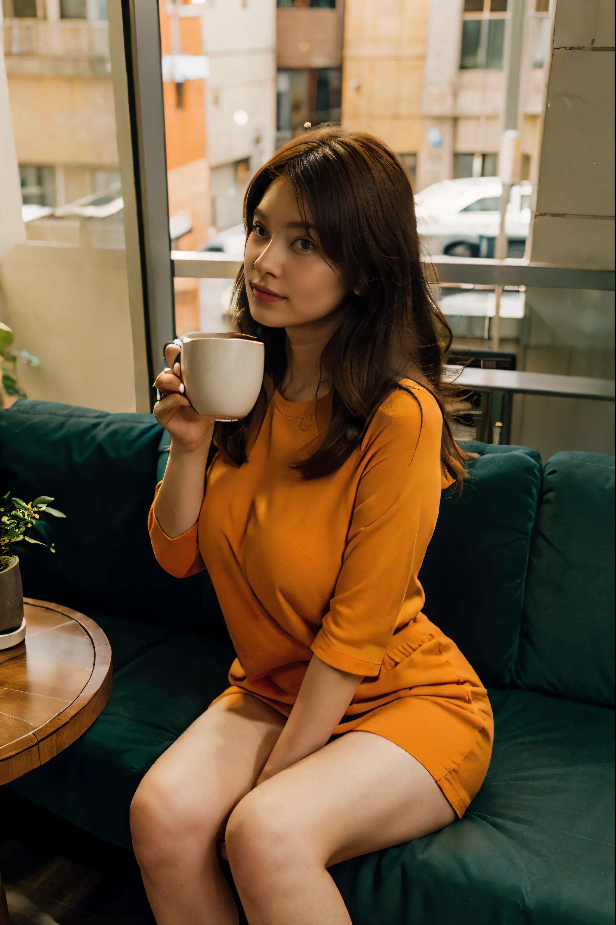 Casual half-body portrait of the very short dress brunette orange hair big breasts woman With a cup of coffee in hand, this woman immerses herself in the peaceful ambiance of the balcony's blue couch. Shot on kodak gold 400.