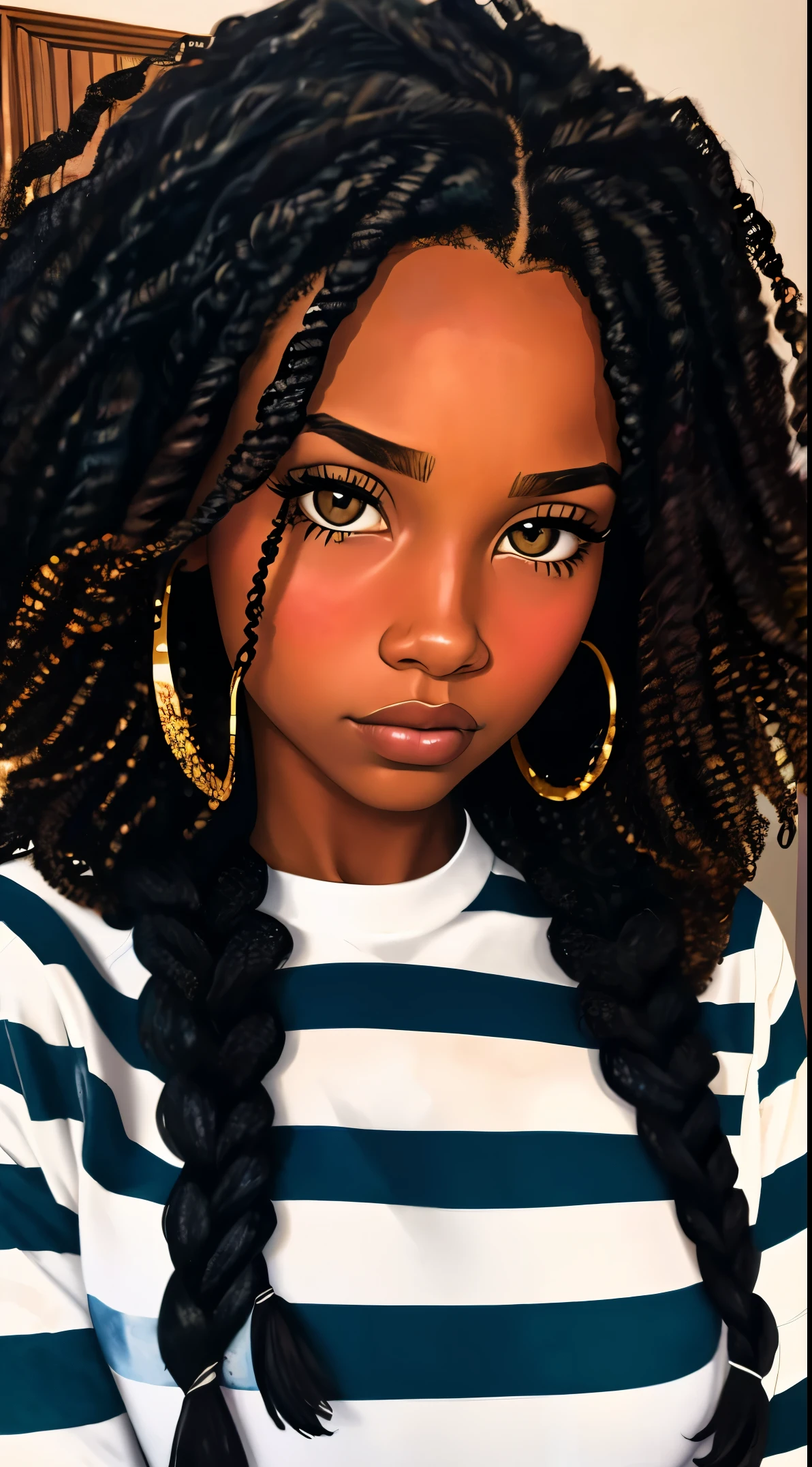 painting of a woman with a curly hair in her hair, inspired by Chinwe Chukwuogo-Roy, pretty black girl, african american girl, black teenage girl, watercolor portrait, trending on artstration, frowning, apathetic, shiny curly braids, highly detailed, 8k, uhd