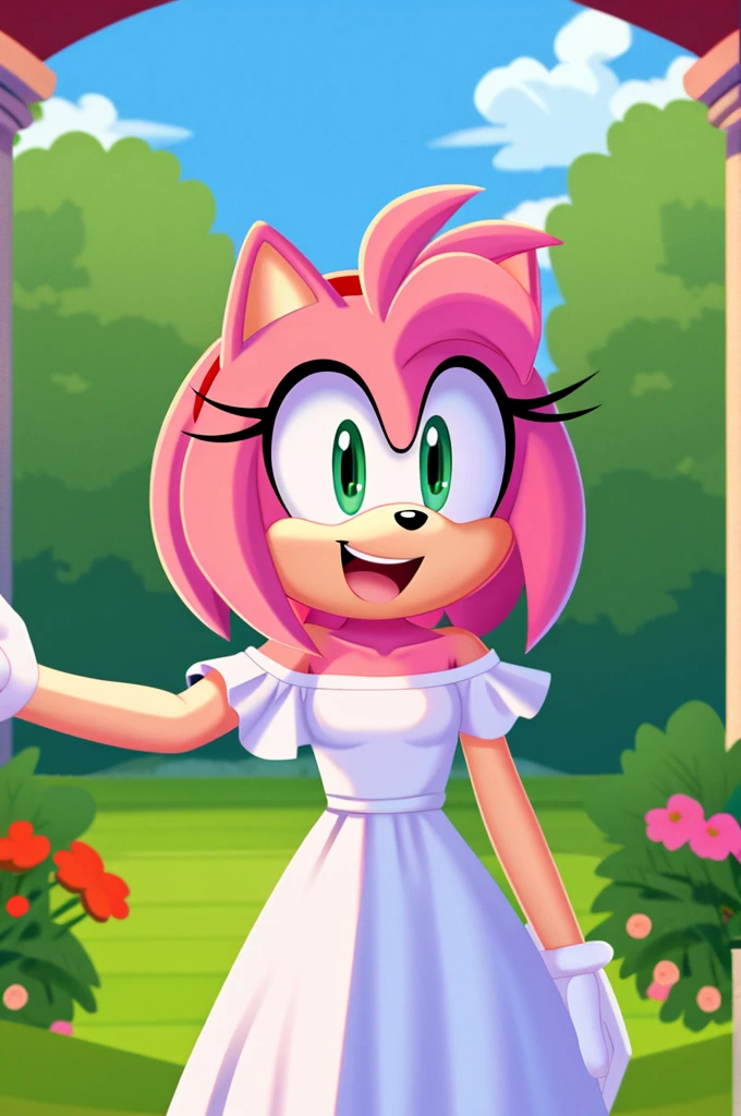 Amy Rose, Bare Shoulders, Strapless White Dress, White Lace Off-shoulder top, White Ruffle Off-the-Shoulder Top, White Maxi Dress, Bangs, Smile, Open mouth, Standing Up, Hands Down, Garden Background, Columns, close-up, daylight, 2D flat, 2D illustration, cartoon style.