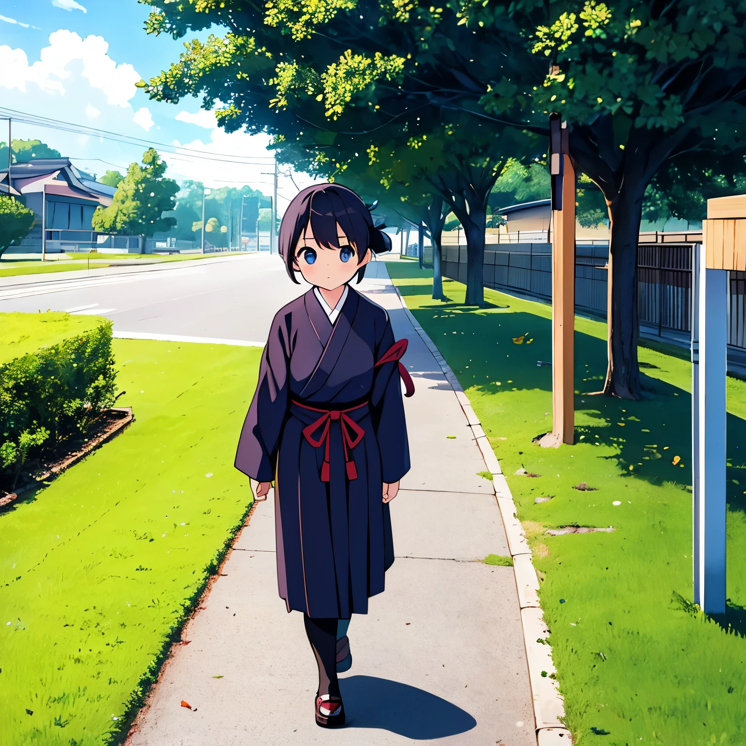 Elementary school girl wearing Japanese kendo uniform,Walking on the way home。