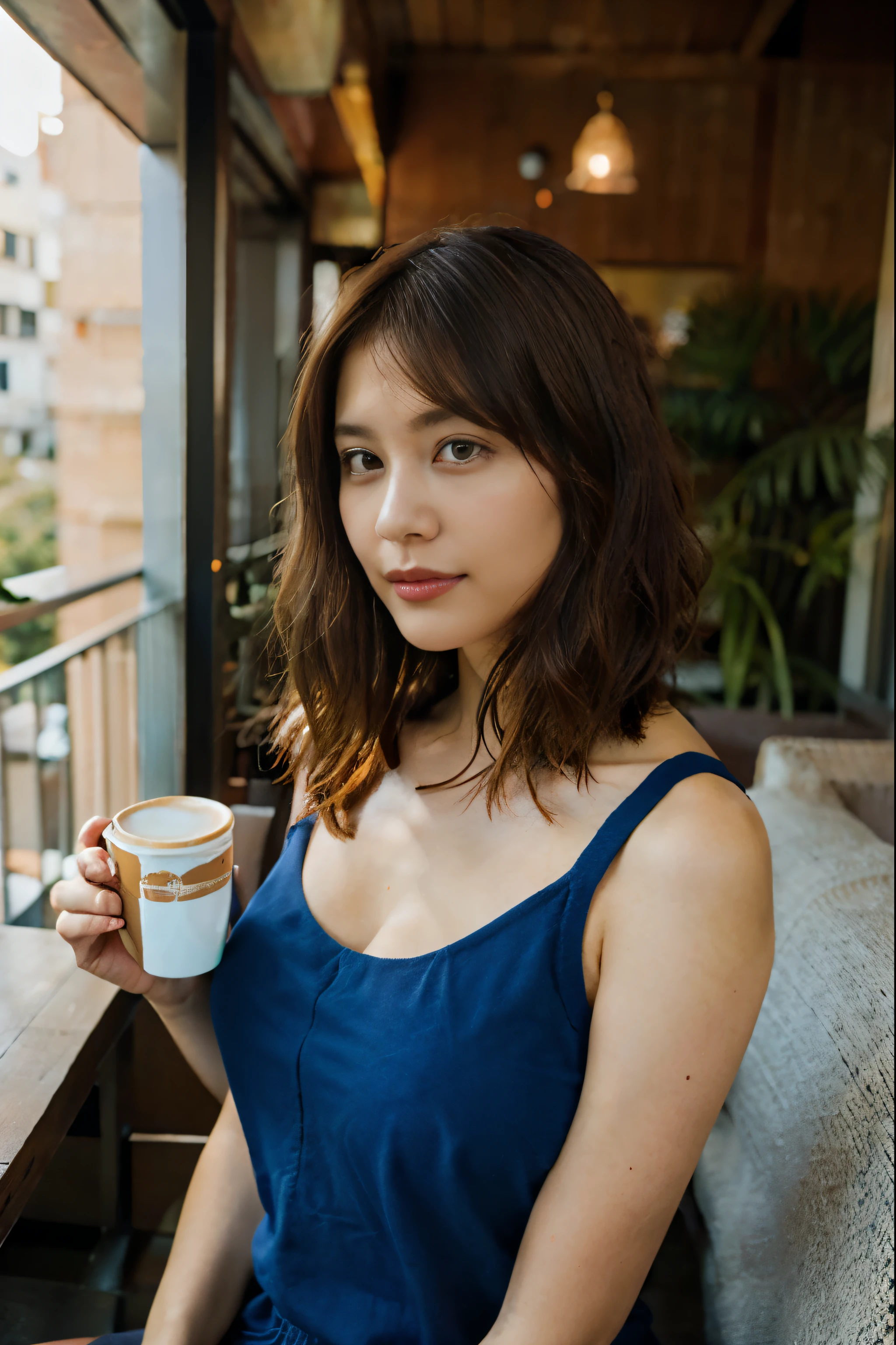 Casual half-body portrait of the very short dress brunette orange hair big breasts woman With a cup of coffee in hand, this woman immerses herself in the peaceful ambiance of the balcony's blue couch. Shot on kodak gold 400.