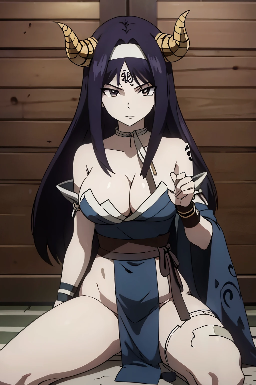 anime fairy tail, personaje seliah, pelo largo morado, hermoso rostro, pechos grandes, trasero grande, Curvaceous Body, calidad, 4k, adolescente, atractiva, tiene 2 cuernos en su cabeza, Seilah's appearance is that of a woman whose most notable features are two large horns that protrude from the sides of her head and point upward.. Sobre su cabeza tiene una banda que separa el pelo, enmarcando el flequillo del resto de su cabello por debajo de la banda. On his forehead there is a small circular symbol with a small dot in the center, rodeado por varios puntos alrededor de este. Around his neck he shows a small light-colored collar or band. Seilah's costume consists of a strapless dress with an etched design that resembles leopard skin., dicho vestido tiene un par de mangas largas y es atado debajo del busto, revealing a large amount of her chest that has a large size, On her back there is a large bow that seems to be made when tying her dress., este es de un color oscuro, utiliza un par de calcetas altas en color oscuro con una especie de bordados cerca de la orilla de ambas, estas resaltan los dedos de sus pies pues los muestran al descubierto, His fingers and toes are painted black.. It also has two marks made in dark color, estas colocadas sobre sus hombros. cuerpo hermoso, sexy, calidad 4k, high resolusion, 8k.