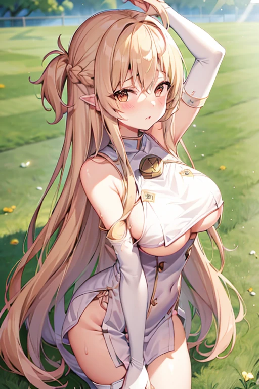 1人、flaxen hair、Long hair、flaxen eyes、I'm skinny、All 、large boob、Bare、raise leg、Glowing skin、full of sweat、Glowing skin、grass field、