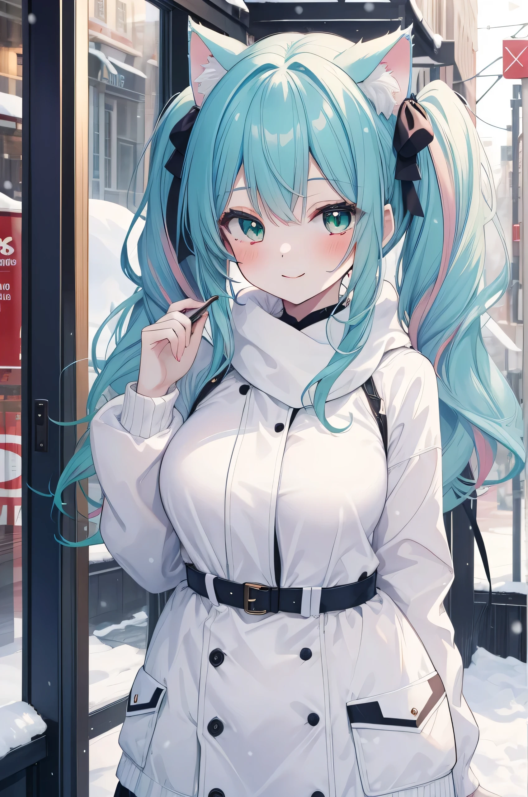 ((masutepiece)), ((Best Quality)), ((8K)), High resolution, 1girl in, Cat ears, pale skin, Green eye, multicolored hair, Twin-tailed, Large breasts, , yuki, Winters, PM, dian, Smile, blush,