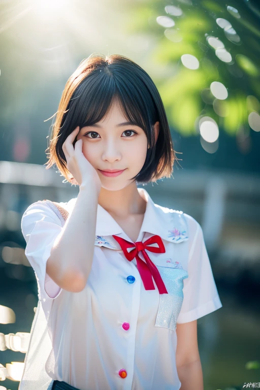 ((masterpiece))), (One beautiful Japan girl, classmates, landscape and innocence,kawaii,Boyish short-haired,A dark-haired :1.4)) ,超A high resolution, Realistic, ultra-detailliert, 8K,top-quality, Extremely detailed, Detailed background,A slender,very beautiful japanese girl, Detailed face:1.3), , (a baby face,kawaii系,adorable girl),masutepiece, High resolution, 8K, Henyo Henyo smile,Eyes are double, Large,High image quality, High quality、Detailed background、early evening、rain is falling、Rain-soaked hair、Uniform wet in the rain,4 fingers, 1 thumb、Detailed female face、Cute and charming pose、masterpiece、Soft Focus , bright and gentle light , Lens Flare , Glitter , Glow , Dreamy , Wet in the rain, clothes that cling to one's body、(Pale black bra shows through)、((Heavy rain background))、(((Beautiful water background、a miniskirt、Cover your face with your hands in embarrassment、With the rainbow in the background))),beautiful thigh
