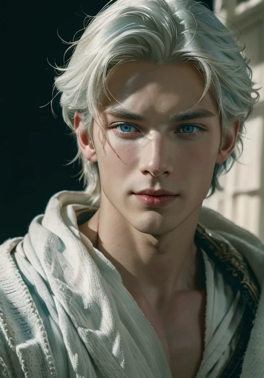 (Portrait of Vyke looking at camera),(((best quality))),(((ultra high resolution))),(((masterpiece))),
((38 year old)),(photorealistic:1.4),UHD, white hair, smiling, masculine face, roman nose, vivid blue eyes, (((large faded scar over right eye))), hyper realistic, curtain hairstyle, realistic, detailed and correct facial structure, johan liebert mixed with dante, handsome, attractive, slightly muscular, cinematic lighting, unreal engine, intricate details, masterpiece, best quality, by Irakli Nadar, Greg Rutkowski, character is Vyke