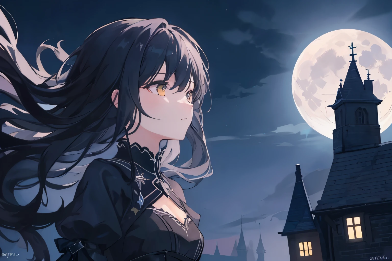 Generate a high-quality illustration depicting the silhouette of a girl and a black cat walking on a rooftop against the backdrop of a night sky and a full moon. Create an overall fantastical and intricate atmosphere, paying meticulous attention to detail. Capture the ethereal interplay of shadows, moonlight, and the rooftops. The artwork should evoke a sense of enchantment and mystery as the girl and the black cat navigate the rooftops beneath the moon's glow. Aim for the best possible quality, delivering a visually captivating and emotionally resonant masterpiece.