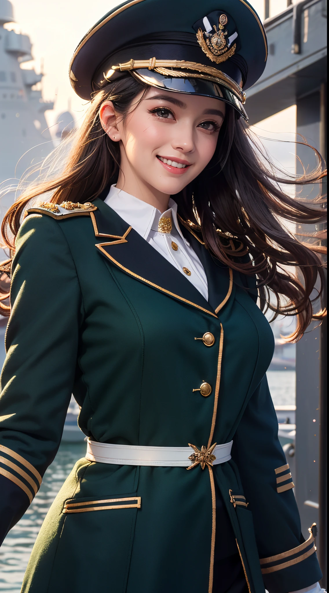 (UHD, retina, masterpiece, ccurate, anatomically correct, textured skin, super detail, high details, high quality, best quality, highres, 1080P, HD, 4K, 8k, 16k), (beautiful detailed eyes, beautiful detailed lips, extremely detailed eyes and face), studio lighting, physically-based rendering, vivid colors, (large breasts, glamorous body), (royal green color, naval uniform coat, rank insignia:1.5), (peaked cap:1.2), business shirt, gloves, (portrait, shiny hair, shiny skin, blush, hair blowing in the wind), (dusk at the harbor, bokeh), eye reflection, jet black hair, (smile and laugh, european face:1.5),