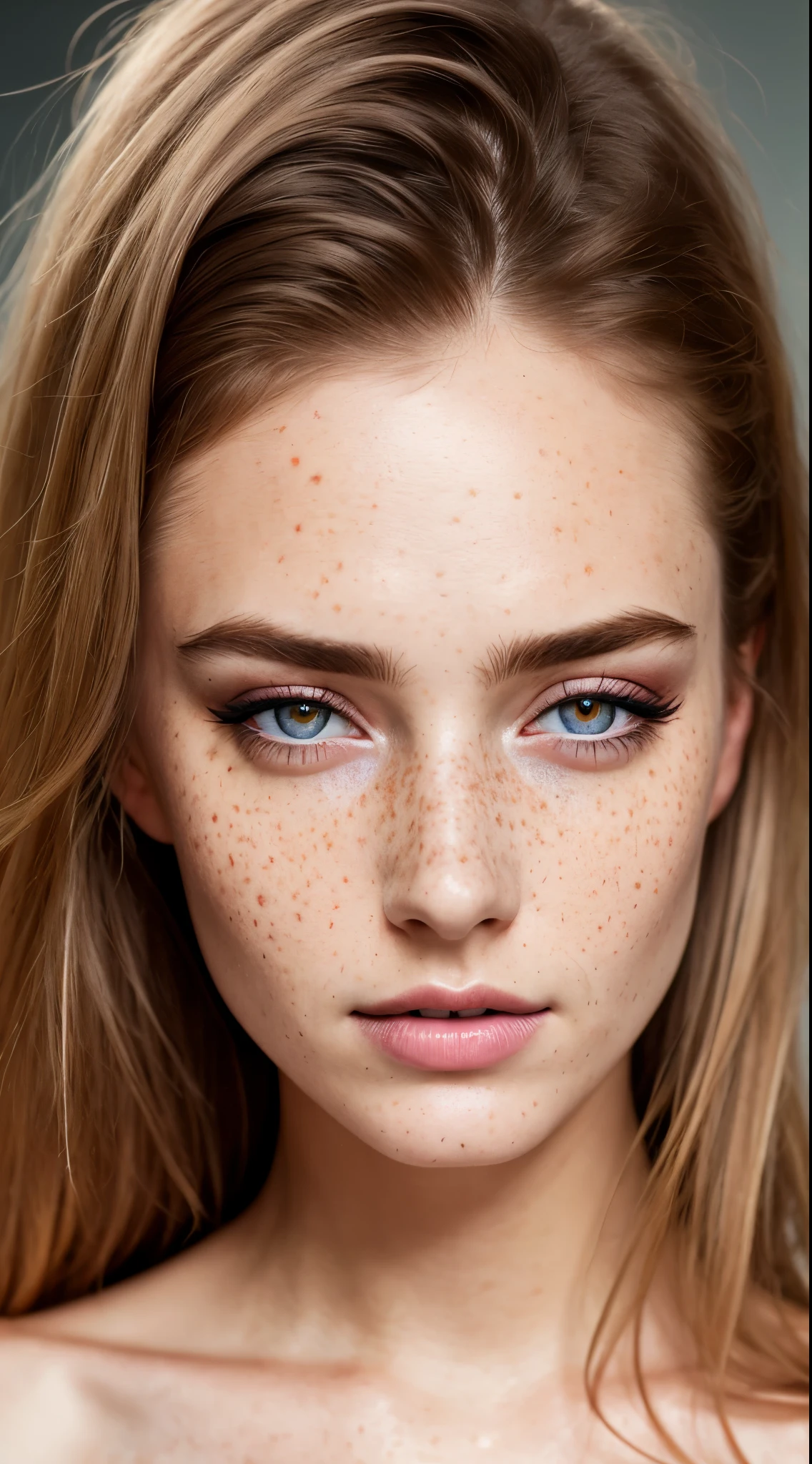 beautiful lady, freckles, dark makeup, hyperdetailed photography, soft light, head and breast portrait, cover,, best quality, (detailed beautiful face, detail skin texture, ultra-detailed body:1.1)