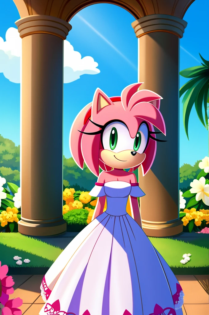 Amy Rose, Bare Shoulders, Strapless White Dress, White Lace Off-shoulder top, White Ruffle Off-the-Shoulder Top, White Maxi Dress, Bangs, Smile, Standing Up, Hands Down, white flowers, Garden Background, Columns, close-up, daylight, 2D flat, 2D illustration, cartoon style.