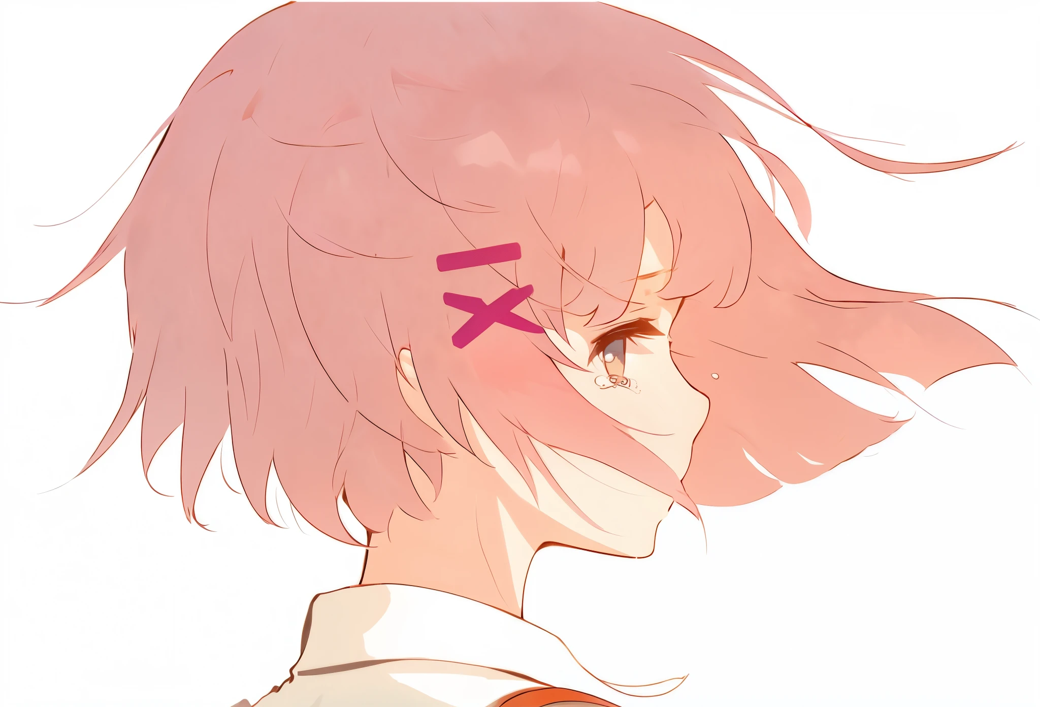 Girl with short pink hair,Lateral face,Scared,weeping,floated hair,back to look back