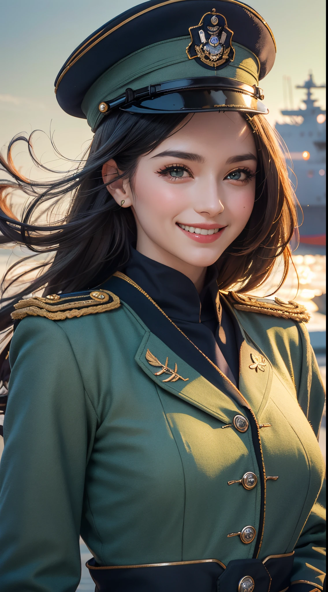 (UHD, retina, masterpiece, ccurate, anatomically correct, textured skin, super detail, high details, high quality, best quality, highres, 1080P, HD, 4K, 8k, 16k), (beautiful detailed eyes, beautiful detailed lips, extremely detailed eyes and face), studio lighting, physically-based rendering, vivid colors, (large breasts, glamorous body), (royal green color, naval uniform coat, rank insignia:1.5), (peaked cap:1.2), business shirt, gloves, (portrait, shiny hair, shiny skin, blush, hair blowing in the wind), (a harbor where ships ripple quietly, bokeh), eye reflection, jet black hair, (smile and laugh:1.5),