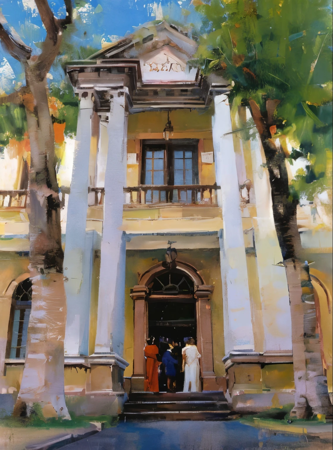 Franco-German architecture with columns and balconies，towering, neoclassical bureau, Very decorative, Neoclassical style, seen from outside, Frontal mid-view, The shadows of the trees are shining, Front view, very gorgeous, oil painted, Professional light and shadow, neoclassical architecture, in an art nouveau style, The entrance of a western-style building，rays of sunshine