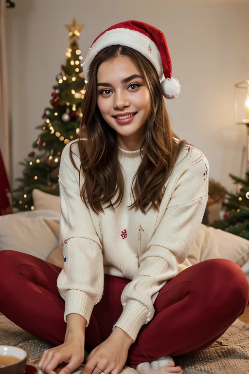 A beautiful girl, a true masterpiece of youthful allure chooses an elegant dress A festive holiday-themed sweater paired with comfortable leggings. Cozy socks and a cup of hot tea complete the casual yet festive look. Ambient: Participants join a virtual game night, connecting from the comfort of their homes. Festive virtual backgrounds, holiday-themed games, and laughter create a fun and laid-back atmosphere. She has a brown silky hair, big brown eyes, beautiful face, bright facial skin, impression-less, very beautiful Instagram model, realistic image. Dynamic composition, motion, ultra - detailed, incredibly detailed, a lot of details, amazing fine details and brush strokes, smooth.