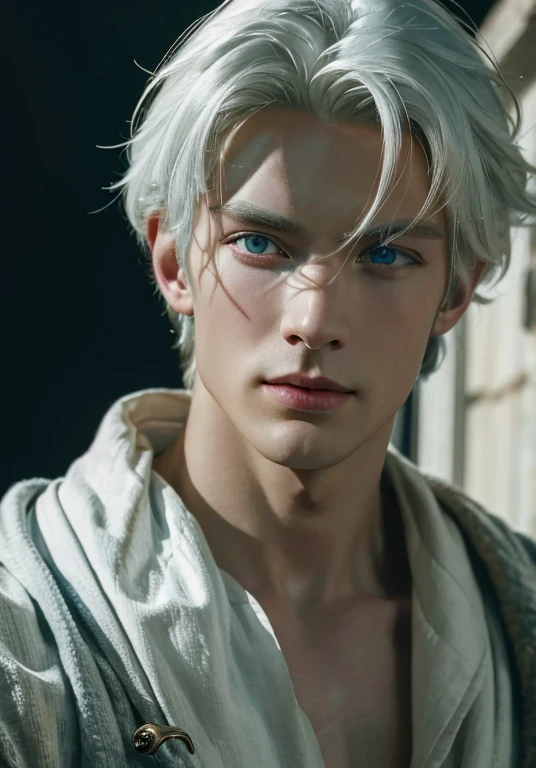 (Portrait of Vyke looking at camera),(((best quality))),(((ultra high resolution))),(((masterpiece))),
((38 year old)),(photorealistic:1.4),UHD, white hair, smiling, masculine face, roman nose, vivid blue eyes, (((large faded scar over right eye))), hyper realistic, curtain hairstyle, realistic, detailed and correct facial structure, johan liebert mixed with dante, handsome, attractive, slightly muscular, cinematic lighting, unreal engine, intricate details, masterpiece, best quality, by Irakli Nadar, Greg Rutkowski, character is Vyke
