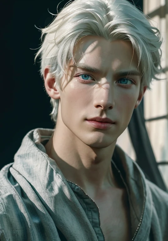 (Portrait of Vyke looking at camera),(((best quality))),(((ultra high resolution))),(((masterpiece))),
((38 year old)),(photorealistic:1.4),UHD, white hair, smiling, masculine face, roman nose, vivid blue eyes, (((large faded scar over right eye))), hyper realistic, curtain hairstyle, realistic, detailed and correct facial structure, johan liebert mixed with dante, handsome, attractive, slightly muscular, cinematic lighting, unreal engine, intricate details, masterpiece, best quality, by Irakli Nadar, Greg Rutkowski, character is Vyke