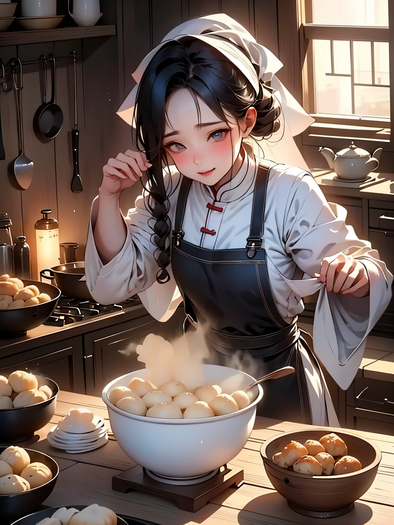 (top-quality、hight resolution:1.2) 、(reallistic、フォトreallistic:1.37) 、HDR、Studio Lighting、ultra-detailliert、 Girl in the kitchen、Girl in an apron、beatiful detailed eyes、Beautiful detailed lips、 cooking scene、Delicious aroma、flour on countertop、kitchenware、 gyoza dough、rolling pin、gyoza wrapper、Baked dumplings、steam、 Fresh ingredients、minced pork、mushroom、col、green onion、 traditional chinese dumplings、Chinese food、Authentic taste、 vivd colour、Warm tones、Soft lighting、 happy atmosphere、fun look、 whets the appetite、crispy gyoza skin。