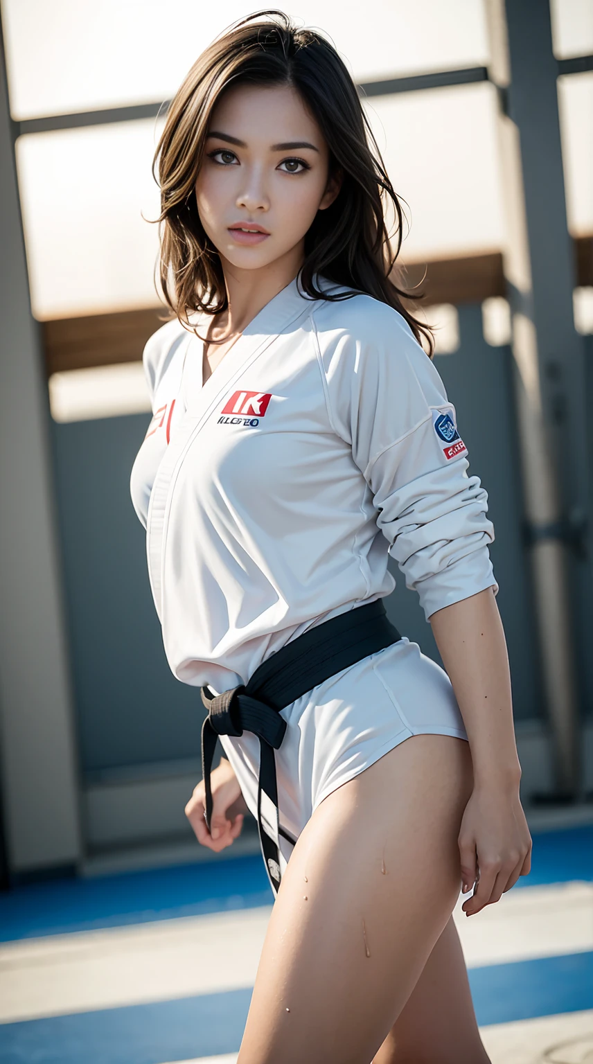 (Best Quality,8K,hight resolution,masuter piece:1.2),Ultra-detailed,Realistic:1.37,Portrait,Dynamic Angle,(Female karate athletes) ,White kimono,Teenage girl,small head,Cute,Sporty,Charming face,Detailed beauty face,Very realistic skin,Wet skin,Sweat,Large breasts,nice legs ,Sporty,Karate Venue　,Cinematic lighting,