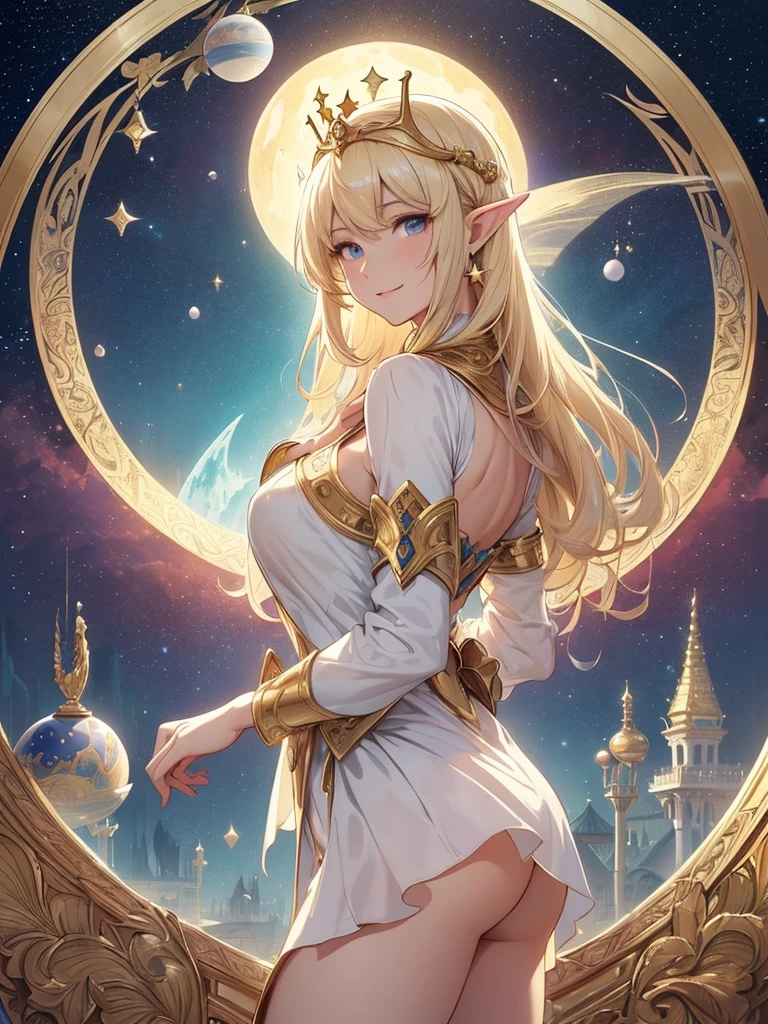top-quality、Top image quality、masterpiece、Super beautiful elf beauty((24 year old、Best Bust、big bast、Bust 90,beautiful long ironed hair、a blond、globe、A sexy、A slender、a closeup、Esbian、beautiful tiara、hiquality、Beautiful Art、Background with((starrysky)))masutepiece、visualart、depth of fields、low angle of morning sky、、Elven ears、、light magic、Space Knight、harp melody🎵、Happy smile、Gentle light、、Beautiful legs that are gentle on the skin、、、Number of fingers to achieve precise finger movements、ticker beautiful decorative underwear、elegent、Mystical Rosa、 Heaven、Marble pillars, beautiful dressy、magnificent marble dome、巨大なglobe、religious painting、Hug the earth、Temple of Time、Great watch、hour glass、sundial、moment of creation!myth、alphonse mucha art、art noveau、byzantine art、golden mosaic decoration、Japanese folding screen painting、gold foil、Flowers and Birds Fugetsu、Raphael paintings