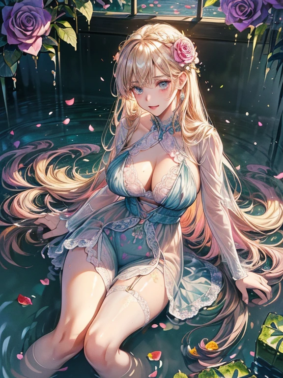 ((Finest quality)),(超A high resolution),(Ultra-detailed細),(Meticulous portrayal),((the most picturesque works of art),Ultra-Precision Art,The art of astounding depiction,Fantasyart:1.5, ((Beautiful flowers々:1.5)),((Creeper:1.5)), (Body eroded by flowers:1.3),Glamorous body:1.3,fancy background effects、masterpiece、Fancy details、(NSFW 1.1), ((1girl in)), ((masutepiece)), ((Highly detailed:1.3)), In crystal clear water,beautiful woman entering the lake, ((long blue blonde hair)), Wet hair, Wearing a light transparent dress, clothed bathing, steam, (Rose petals floating in water:1.3), Early morning light, Ivory Gold AI, windows, Crepscular lighting, 、Lace sheer underwear、very very gigantic boobs、Pink nipples、pink areolae,透けて見えるPink nipples、透明なpink areolae、lace and string shorts.、princess carry,Sexy lingerie with lace and strings,See-through sexy lingerie,Transparent lingerie、translucent dress、pearlsescent、pearls、Sexy Harness、Sexy garter belt、Sexy Stockings、Well equipped,intimate, rose garden、Multicolored roses、lake with floating roses、Lying down、Open legs、Spread your legs、Open thighs、Immersion in water、Wet body、splash water、gorgeous flower decoration、big flowers、stylish hair、Moon, lantern, Night, Solo, playing in the water, Water, hair flower, flower, Outdoors, skyporn, full Moon, Rain, lantern, wet clothes, skyporn, wet hair (((masutepiece),(the Extremely Detailed CG Unity 8K Wallpapers),Best Quality,Cinematic lighting,Detailed background,Beautiful detailed eyes,Bright pupils, (extremely delicate and beautiful),(Beautiful and detailed eyes description), Ultra-detailed,masutepiece,)),