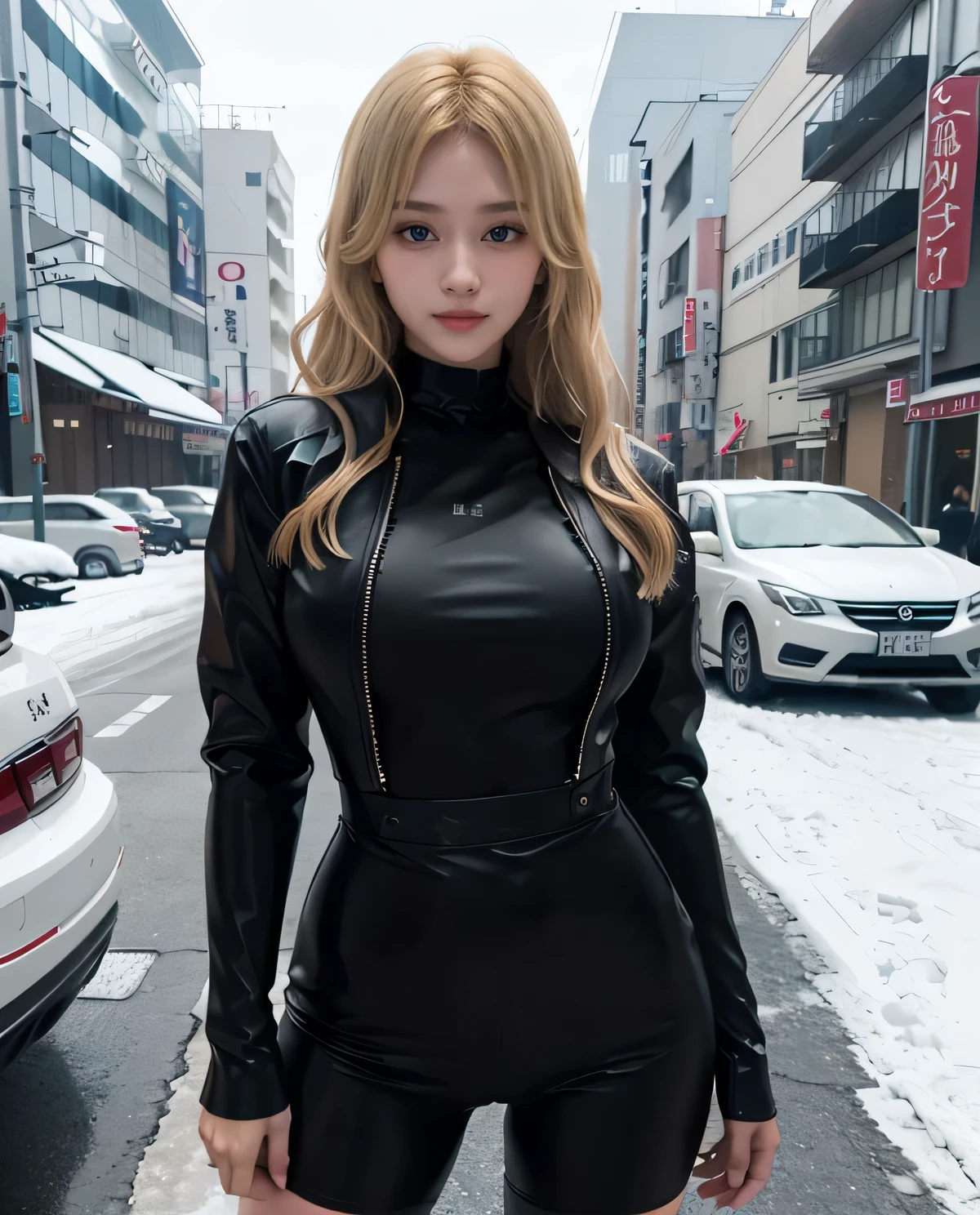 (8K, RAW Photos, Highest quality, masterpiece:1.2), (Realistic, photo-Realistic:1.4), (Highly detailed 8K wallpapers), ((Full Body Shot)), (1 girl), Sharp focus, Depth of written boundary, Cinematic lighting, Soft Light, 緻密な美しさのeye, eye_Chan, Very beautiful 17 year old girl, innocent big eyes, Realistic, photo Realistic, Highly detailed cute girl, (Thin thighs), (Model Body Type), 18-year-old, (Khaki flight jacket), (Black leather micro mini skirt), (((Fold your arms in front of your chest and act arrogantly))), ((A happy smile)), Parted lips, Watching the audience, (On the streets of Tokyo) , (Blonde),(Long Bob Hair), (Asymmetrical bangs)
