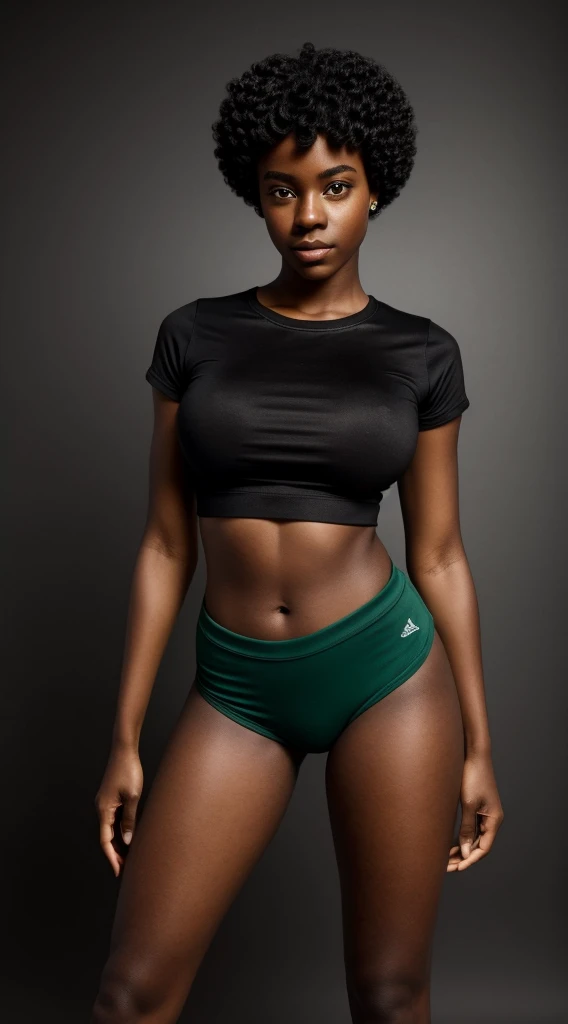 -yeld bl girl, with Maria João haircut, green eyes, large breasts, large butt, toned legs, perfect body, long t-shirt and tight shorts, pose with black background