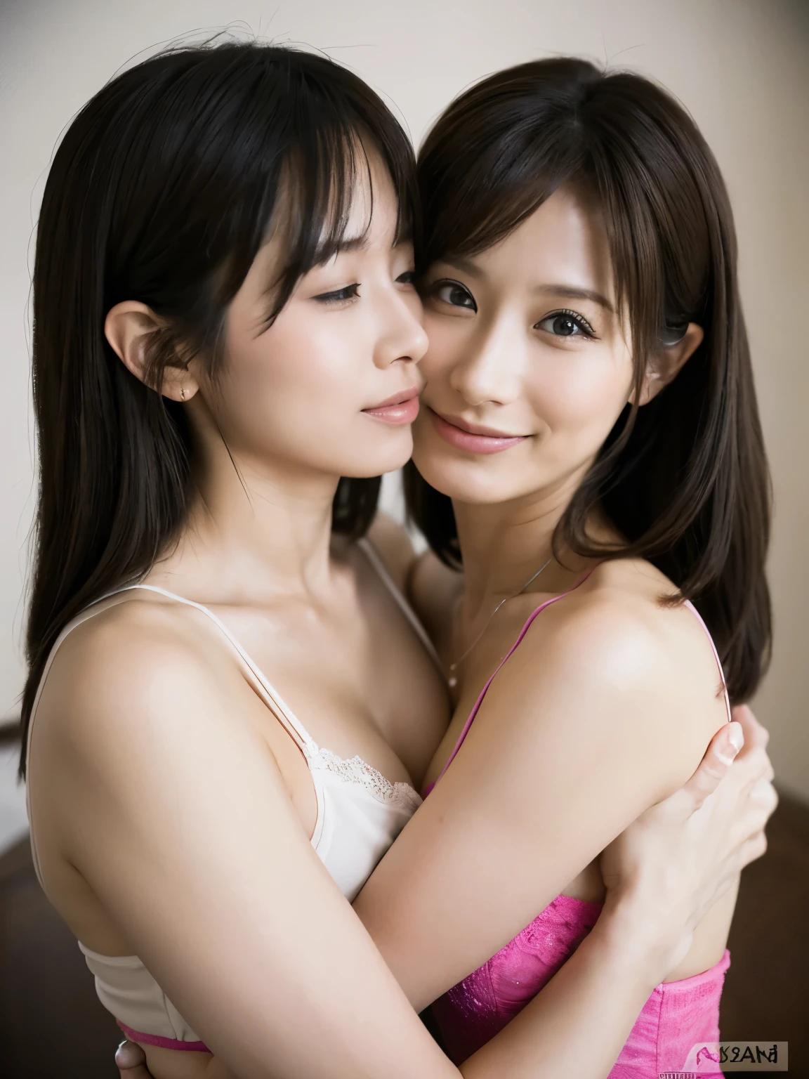 very high quality、be familiar with、Two Japanese women with beautiful faces like actresses、18 ～ Random age up to 35、A little plump、Short hair1 person、1 person with ponytail、black hair、Completely naked、Bedroom、look at the camera、attractive appearance、light smile、half open mouth、expression of ecstasy、blush、each other&#39;touch your chest、fingers touch body、wet skin、wet hair