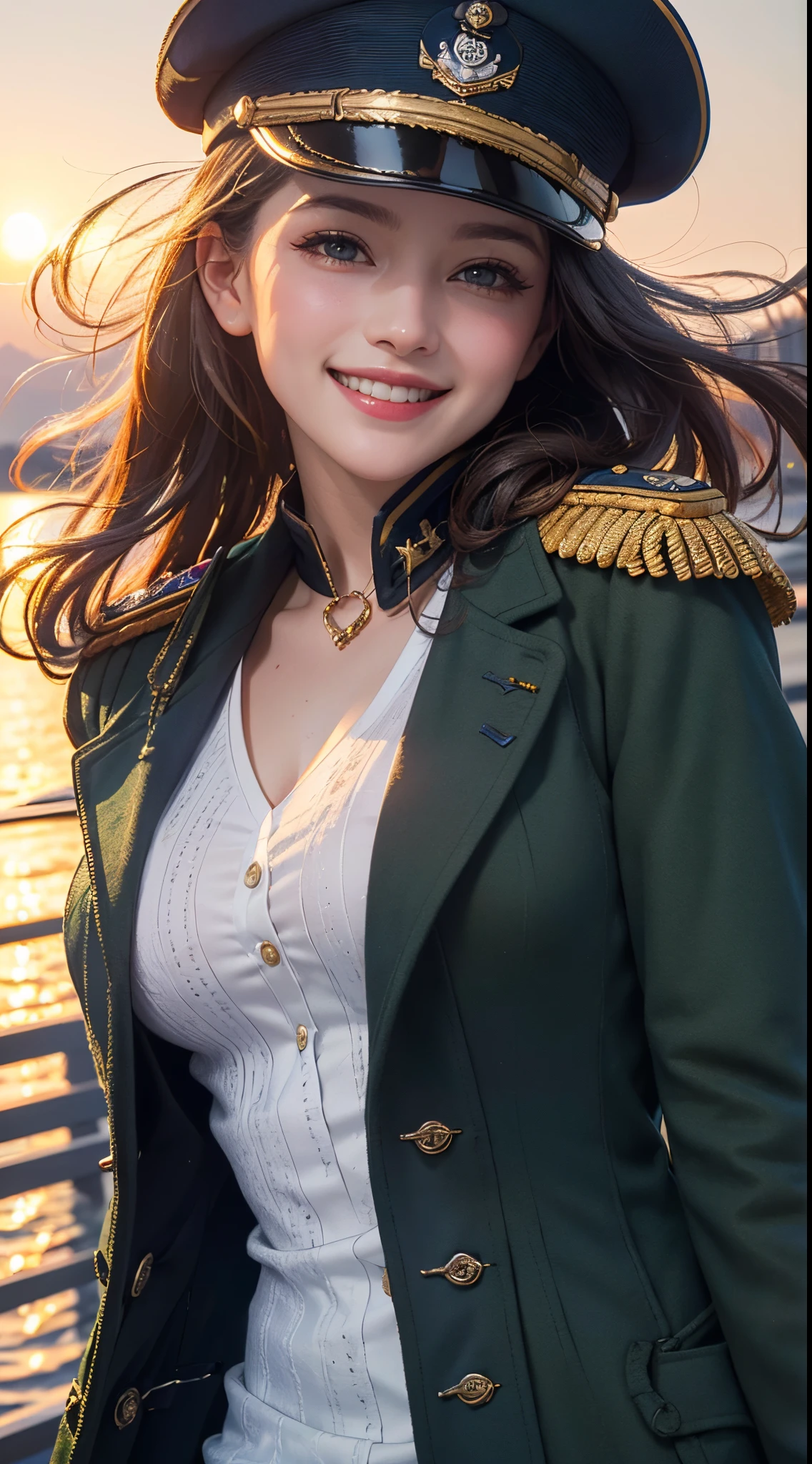 (UHD, retina, masterpiece, ccurate, anatomically correct, textured skin, super detail, high details, high quality, best quality, highres, 1080P, HD, 4K, 8k, 16k), (beautiful detailed eyes, beautiful detailed lips, extremely detailed eyes and face), studio lighting, physically-based rendering, vivid colors, (large breasts, glamorous body), (royal green color, naval uniform coat, rank insignia:1.5), (peaked cap:1.2), business shirt, gloves, (portrait, shiny hair, shiny skin, blush, hair blowing in the wind), (the sun setting on the horizon, bokeh), eye reflection, jet black hair, (smile and laugh:1.5),