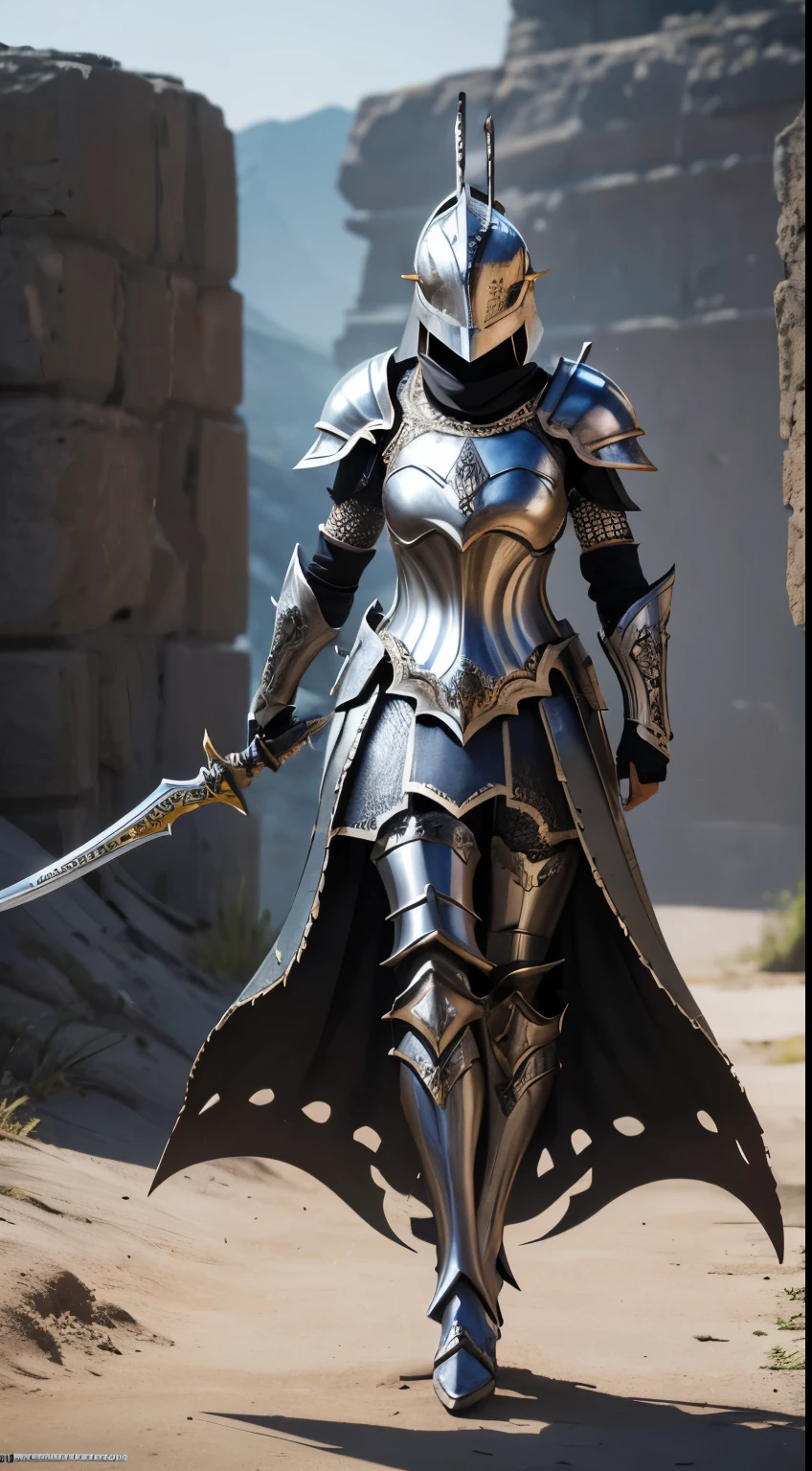 un primer plano de una mujer disfrazada de caballero con una espada, hermosa armadura, armadura de berserker, detailed Elegante armadura plateada, very stylish fantasy armor, polished Armadura de acero, fantasy armor, Impresionante armadura, armadura de caballero, Armadura gruesa, pale black armor, Armadura detallada, Elegante armadura plateada, armadura de caballeros, Armadura de acero, Armadura elegante, Armadura de metal oscuro, Armadura de acero