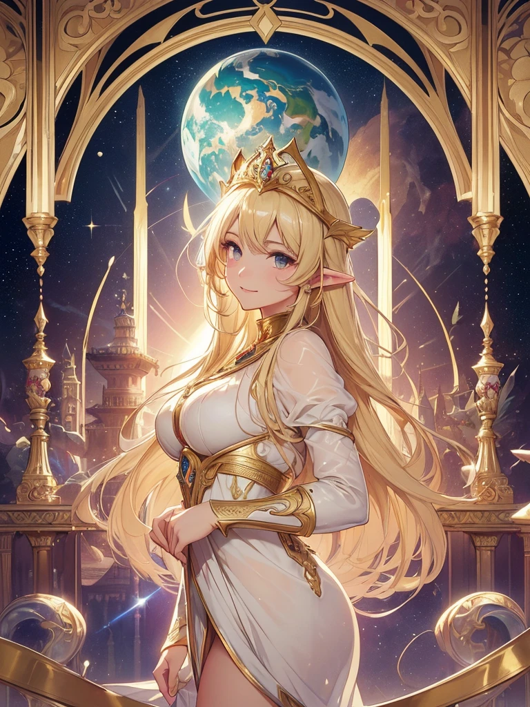 top-quality、Top image quality、​masterpiece、Super beautiful elf beauty((24 year old、Best Bust、big bast、Bust 90,beautiful long ironed hair、a blond、globe、A sexy、A slender、a closeup、Esbian、beautiful tiara、hiquality、Beautiful Art、Background with((starrysky)))masutepiece、visualart、depth of fields、low angle of morning sky、、Elven ears、、light magic、Space Knight、harp melody🎵、Happy smile、Gentle light、、Beautiful legs that are gentle on the skin、、、Number of fingers to achieve precise finger movements、ticker beautiful decorative underwear、elegent、Mystical　Rosa、　Heaven、Marble pillars, beautiful dressy、magnificent marble dome、巨大なglobe、religious painting、Hug the earth、Temple of Time、Great watch、hour glass、sundial、moment of creation！myth、alphonse mucha art、art noveau、byzantine art、golden mosaic decoration、Japanese folding screen painting、gold foil、Flowers and Birds Fugetsu、Raphael paintings